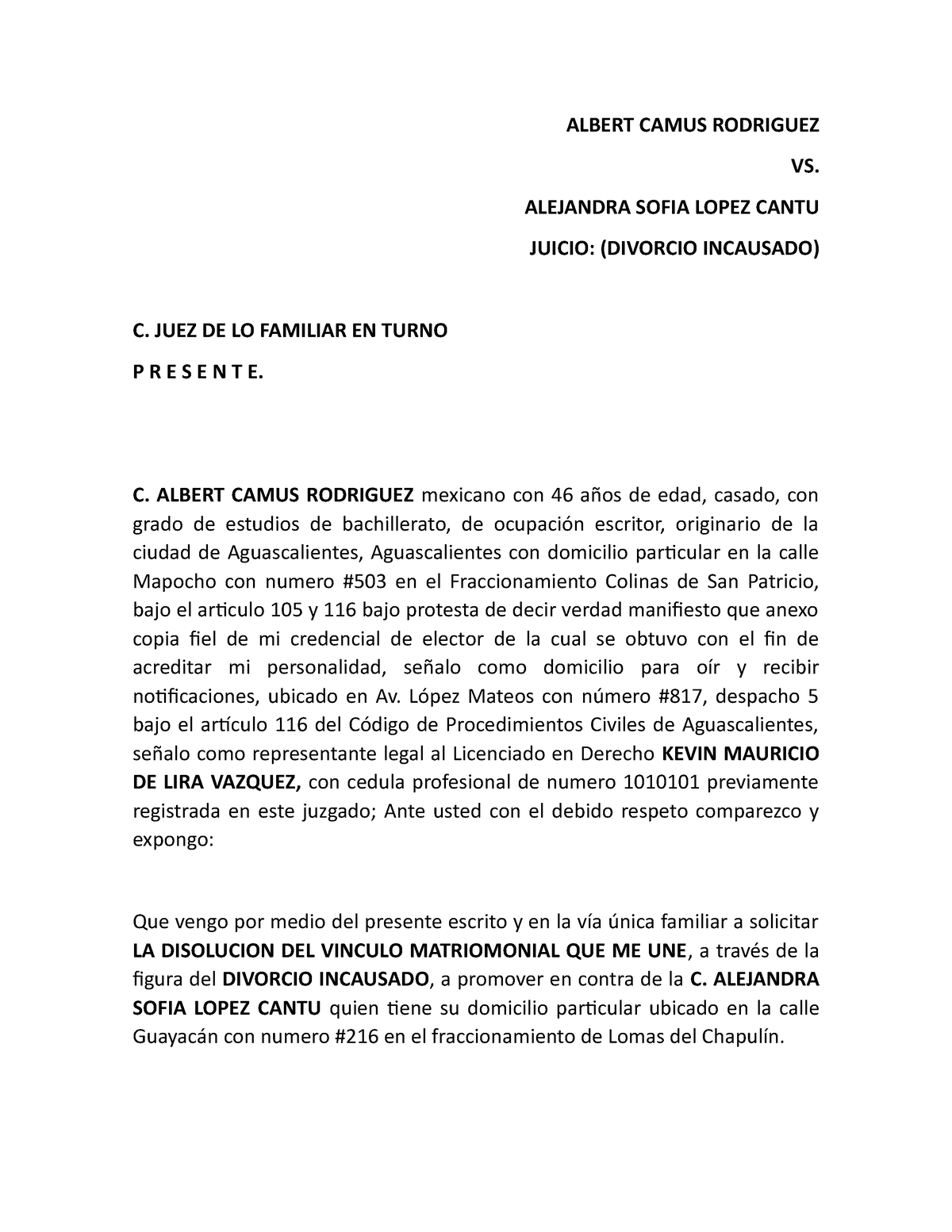 Proemio Escrito Inicial De Una Demanda Por Divorcio Incausado Albert Camus Rodriguez Vs