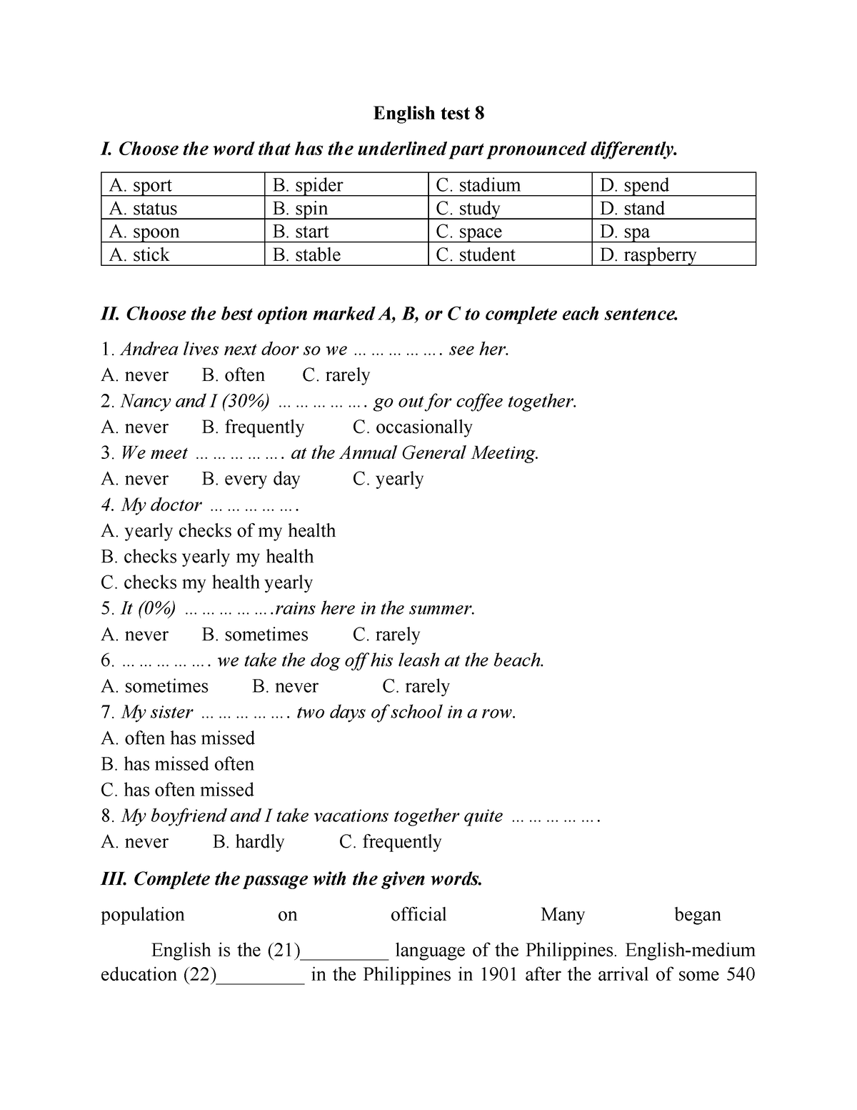 English Test 8 - Bài Tập Anh 8 Kì 2 - English Test 8 I. Choose The Word ...