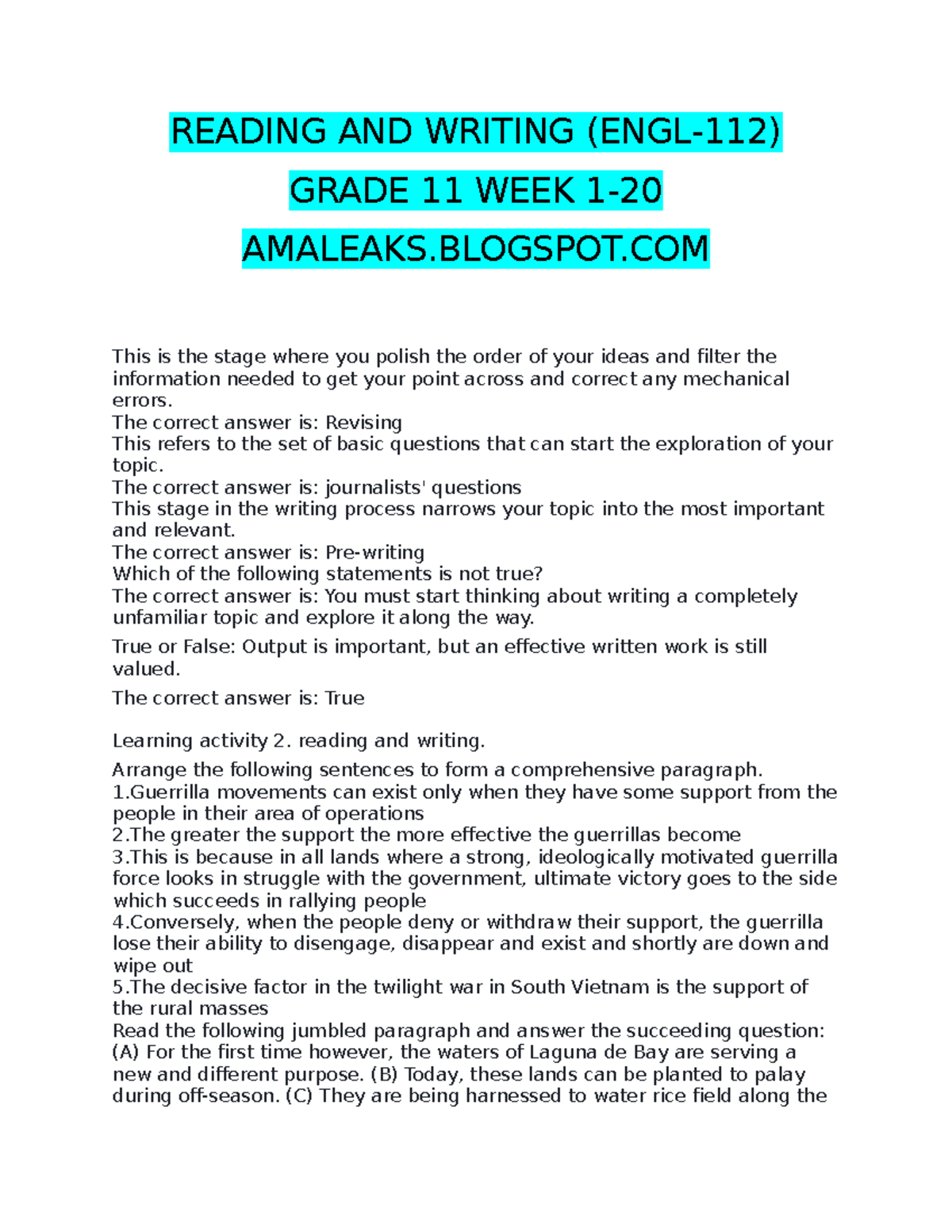 Amaleaks READING AND WRITING ENGL112 answer key for week 1to20 for