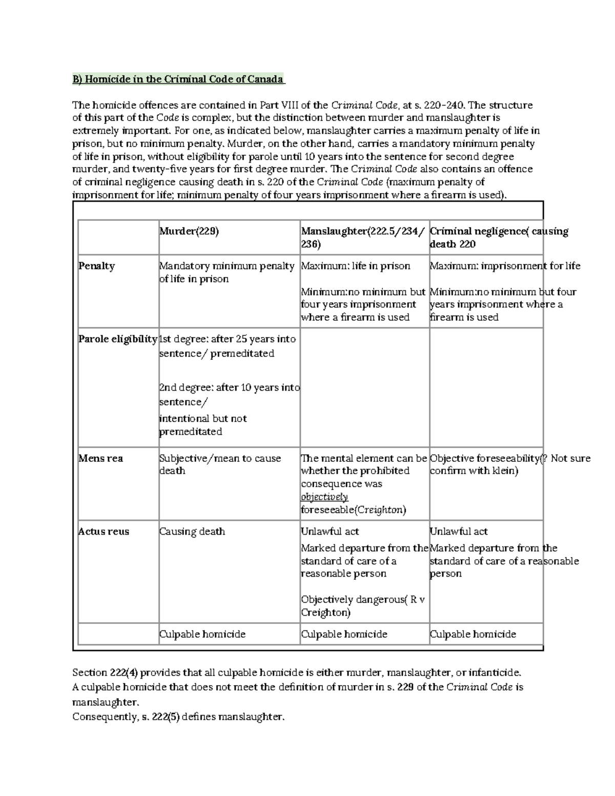 Notes - B) Homicide in the Criminal Code of Canada The homicide ...