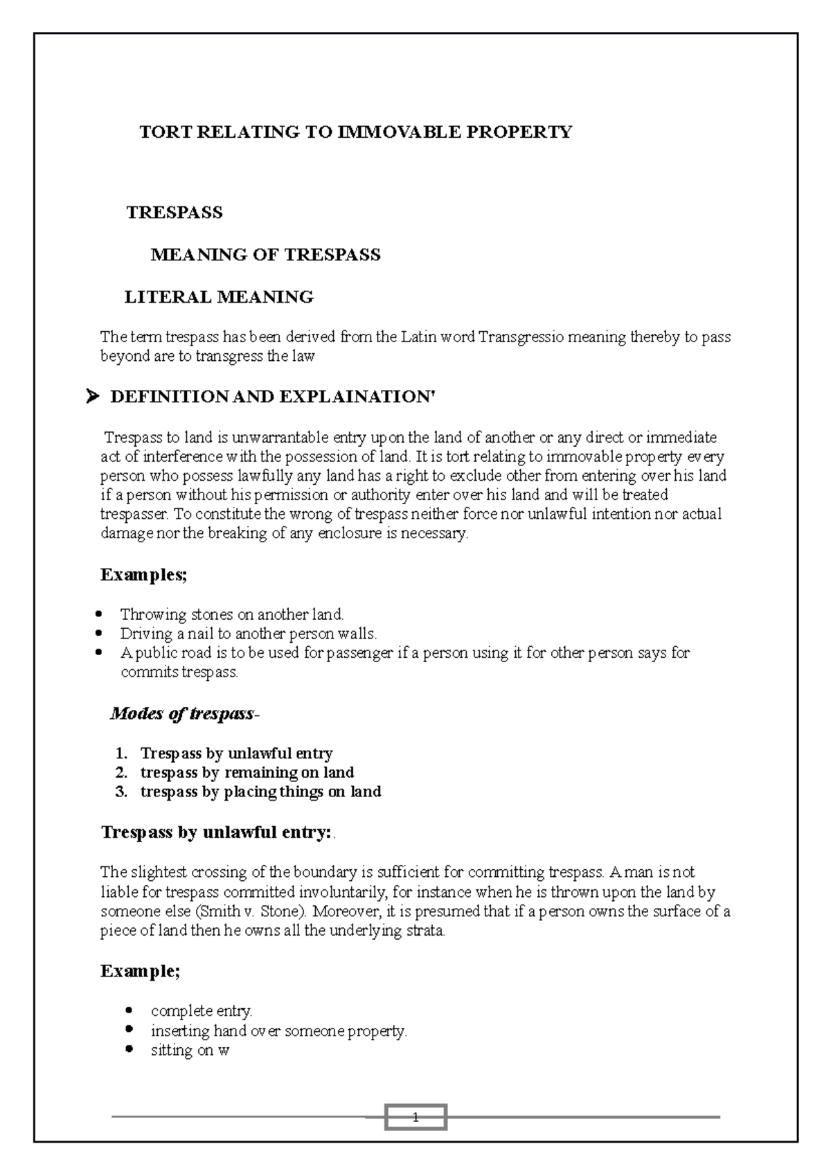 TORT Relating TO Immovable Property - TORT RELATING TO IMMOVABLE ...