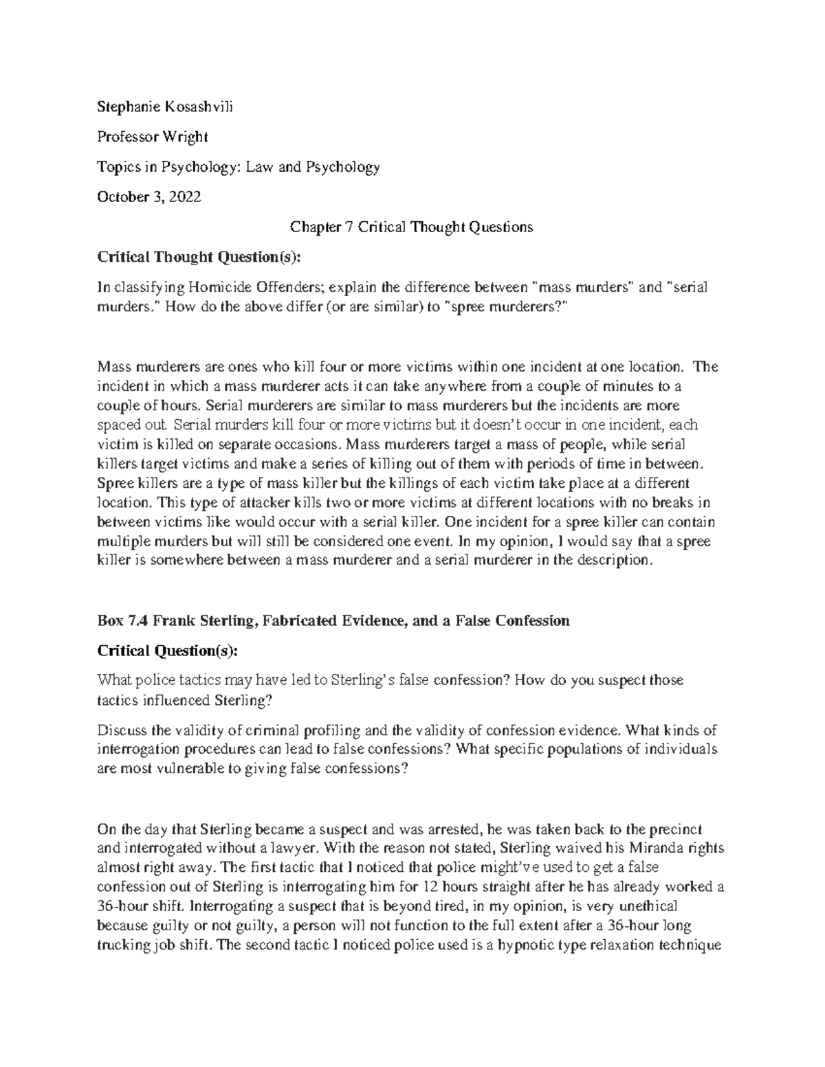 Chapter 7 Critical Thought Questions Stephanie Kosashvili Professor