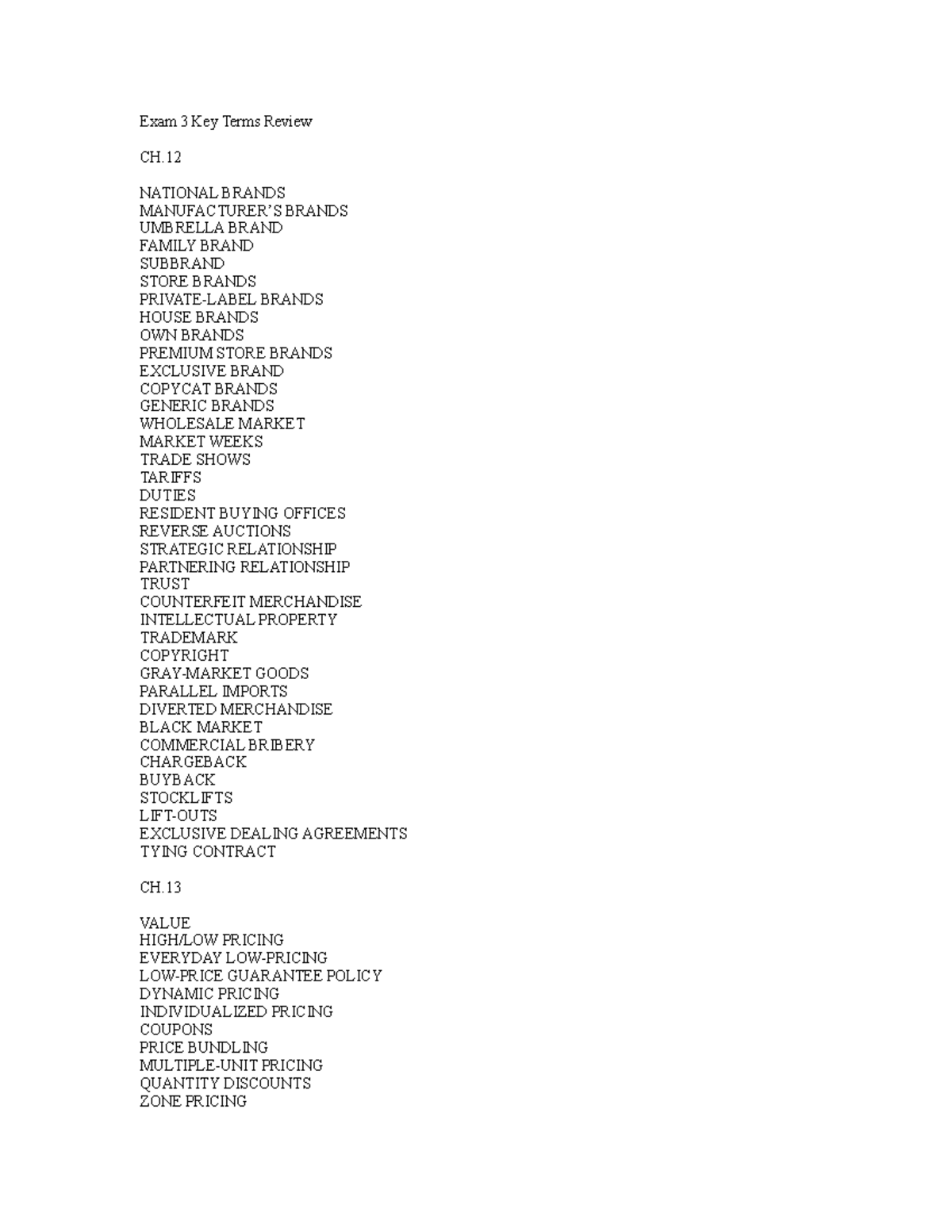Blank Key Terms - Exam 3 - Exam 3 Key Terms Review CH NATIONAL BRANDS ...