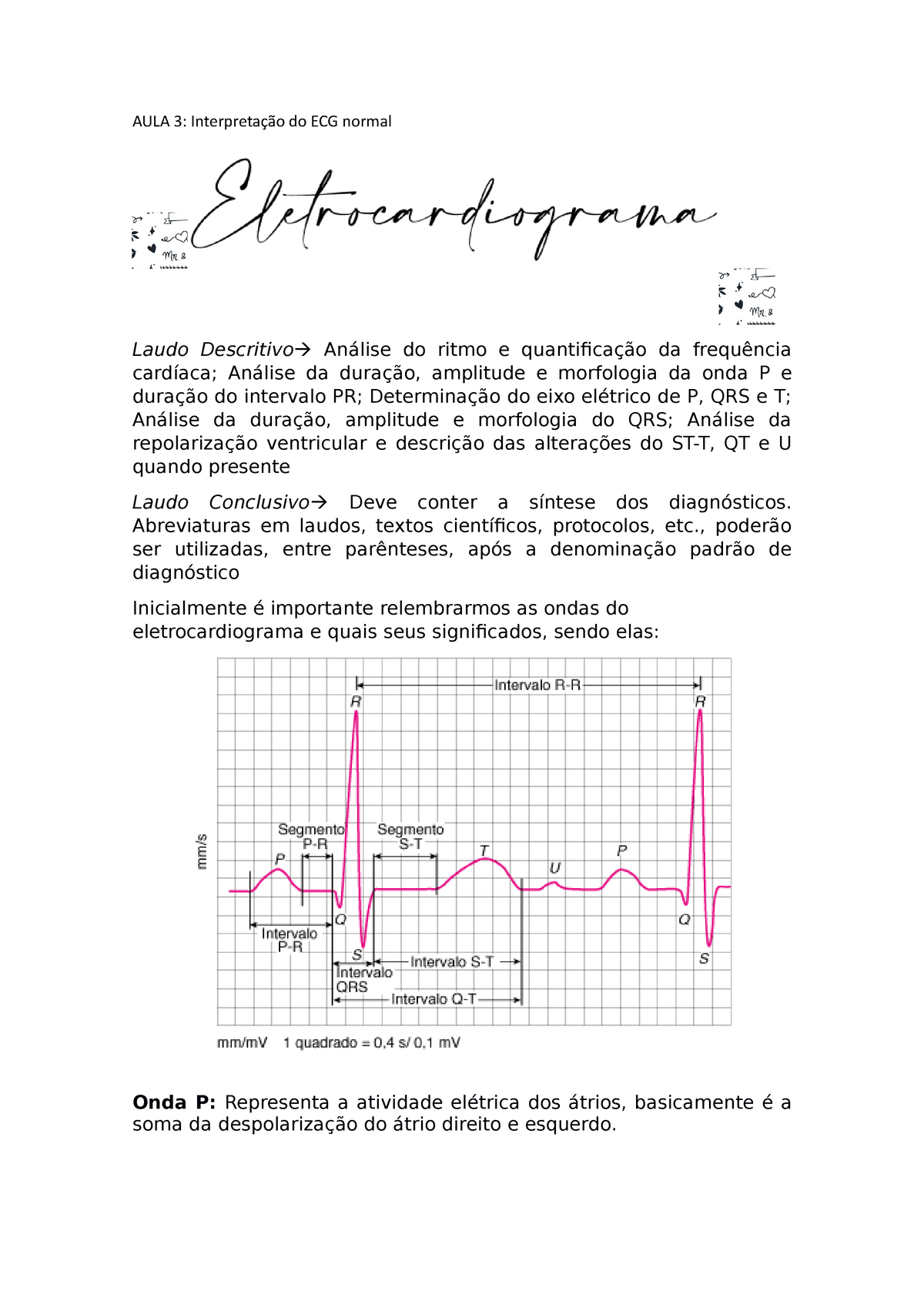 Eletrocardiograma AULA AULA Interpretação do ECG normal Laudo Descritivo Análise do ritmo