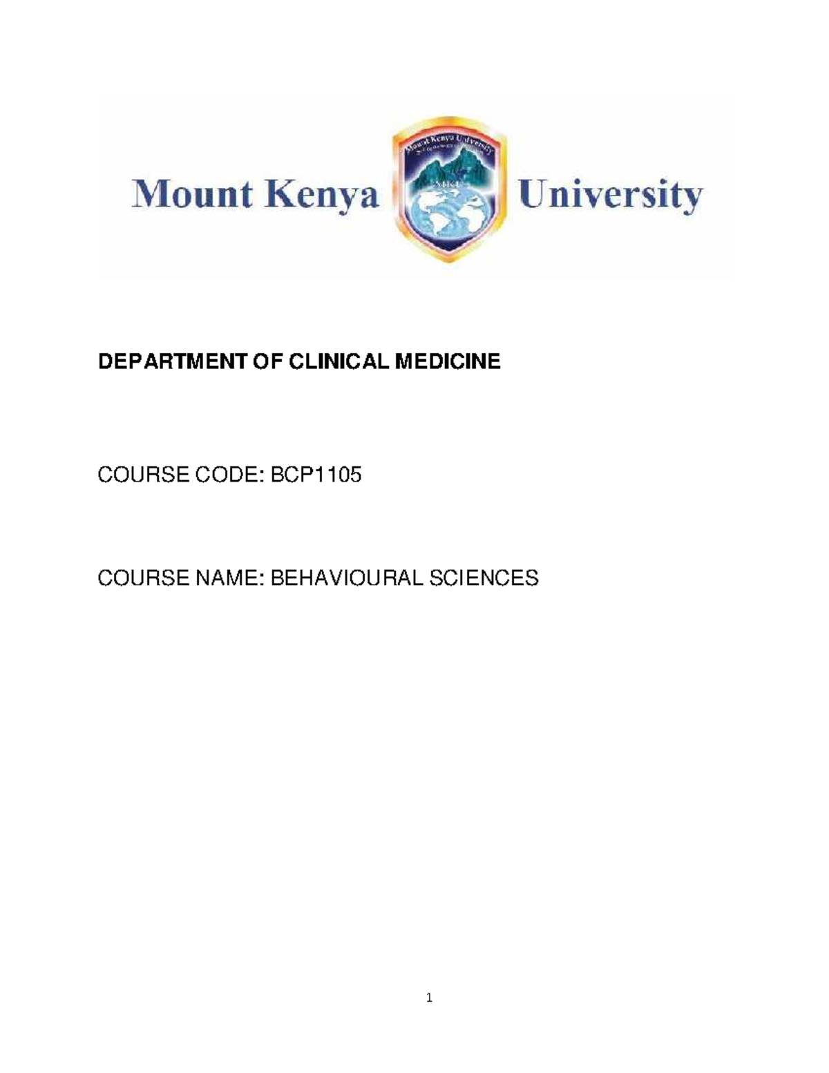 BCP1105 Behavioural Sciences - DEPARTMENT OF CLINICAL MEDICINE COURSE ...