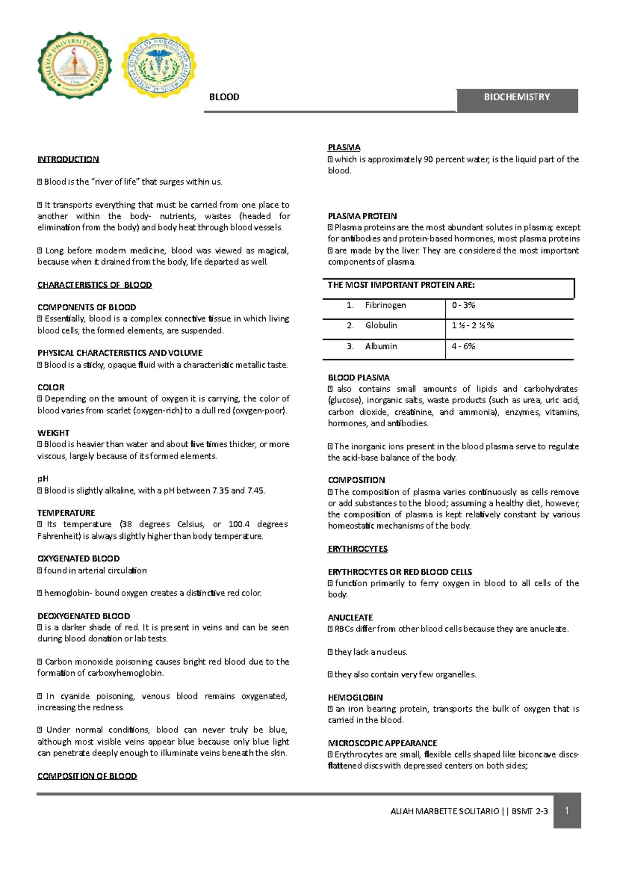 Biochem- Blood - Lecture notes with examples and brief descriptions ...