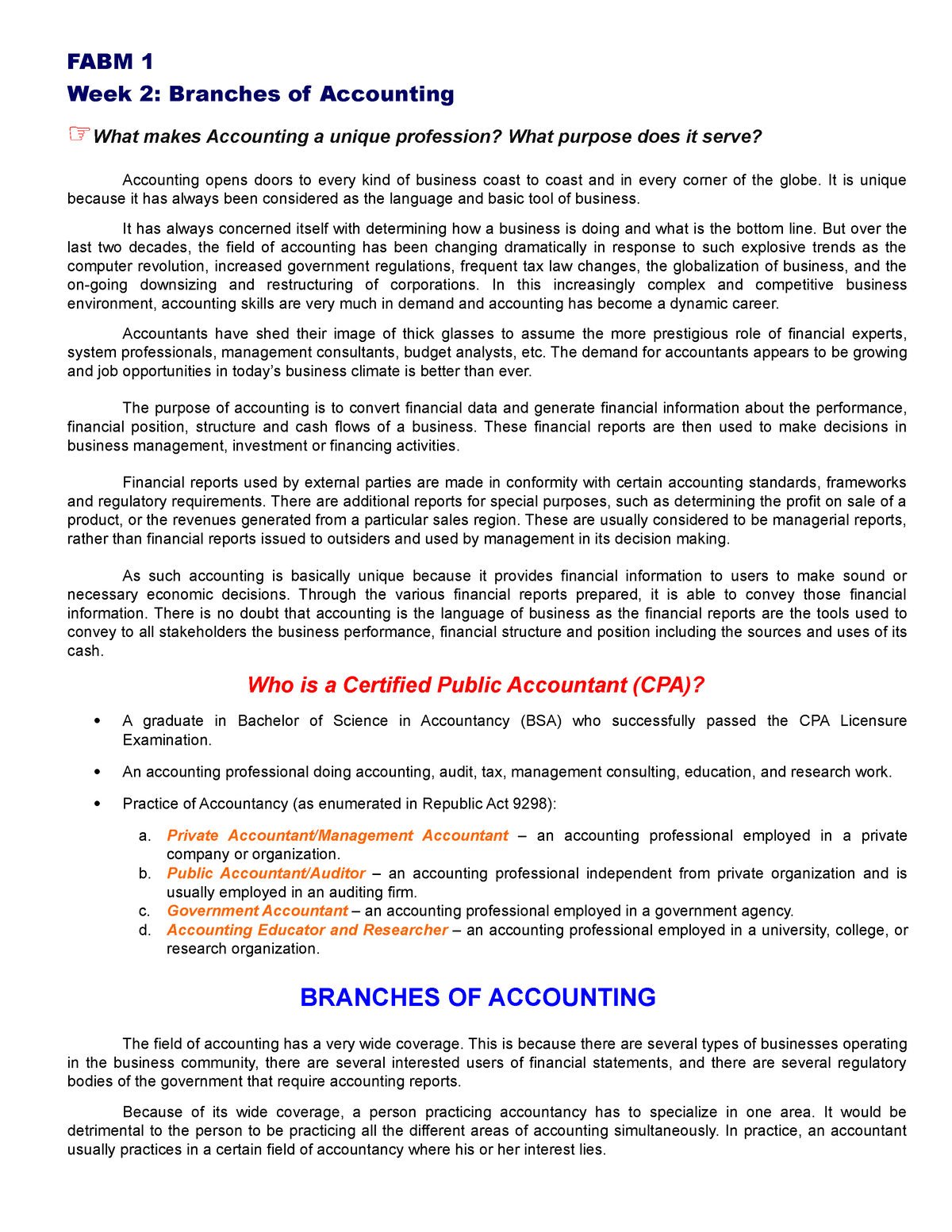 W2 - Week 2 Fabm Midterm - FABM 1 Week 2: Branches Of Accounting ☞What ...