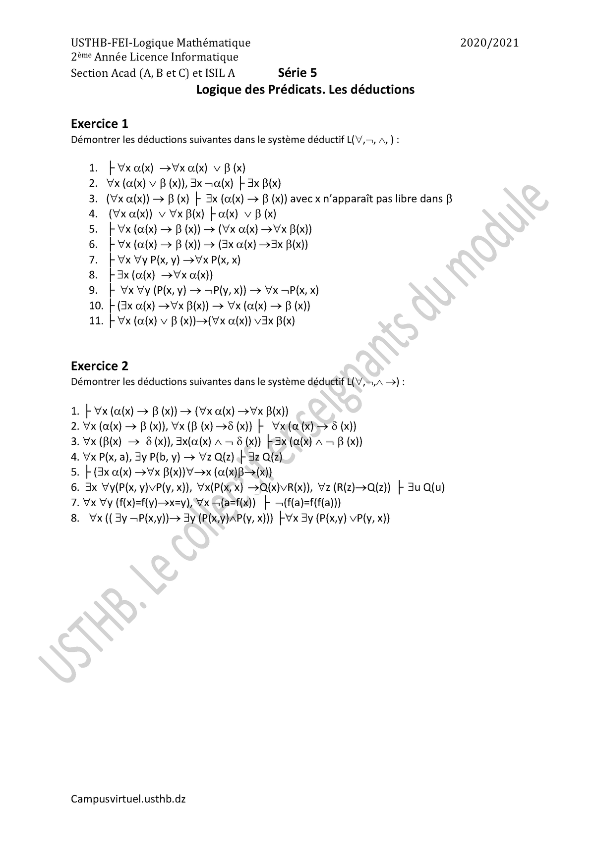Série 5 - Langage des Prédicats. Les déductions - USTHB-FEI-Logique ...
