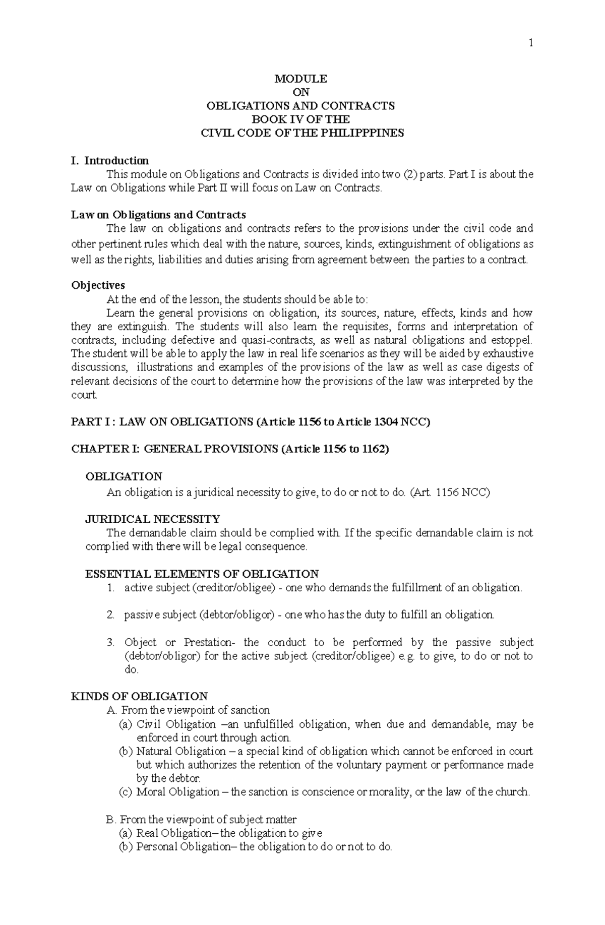 Module LAW ON Obligations and contracts - MODULE ON OBLIGATIONS AND ...