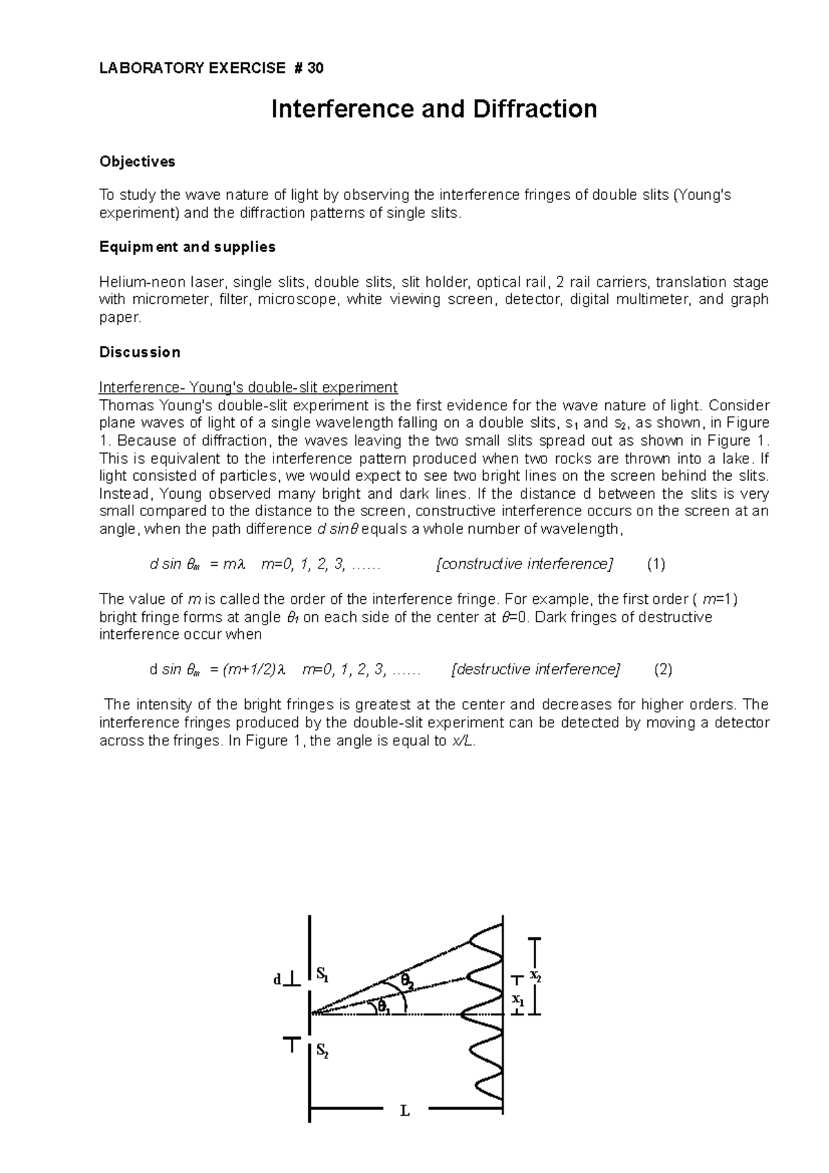LAB #30 - lab exam stuff - LABORATORY EXERCISE # 30 Interference and ...