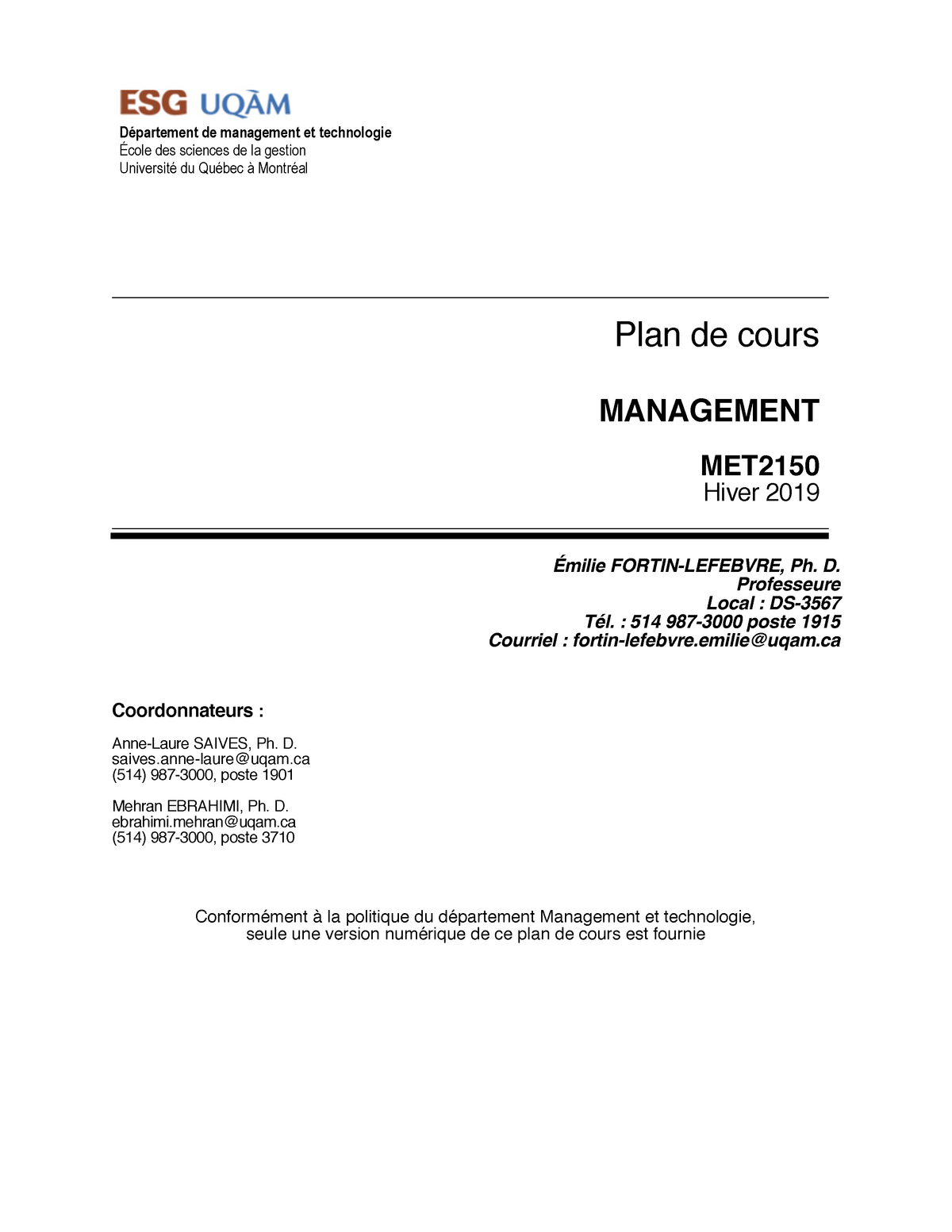 Met2150 Plan De Cours Hiver 2019 Departement De Management Et Technologie Ecole Des Sciences De La Studocu