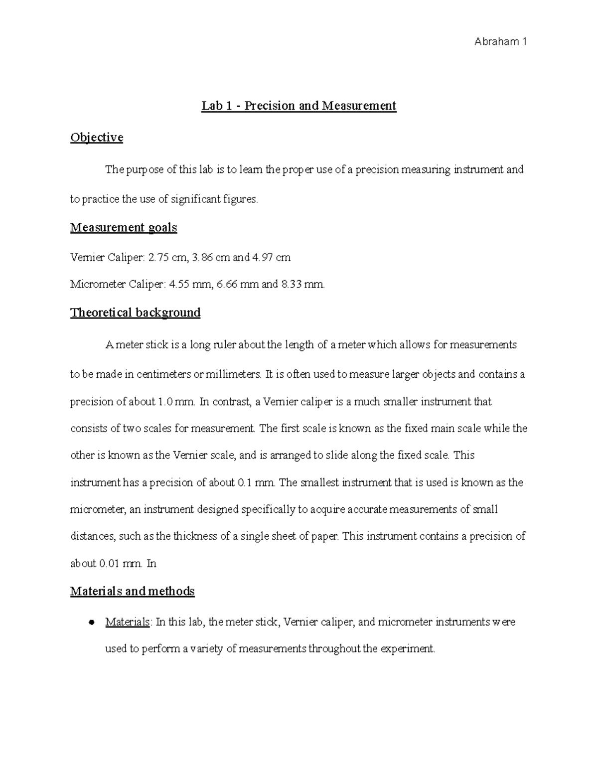 Physics Lab Report 1 Lab 1 Precision and Measurement Objective The