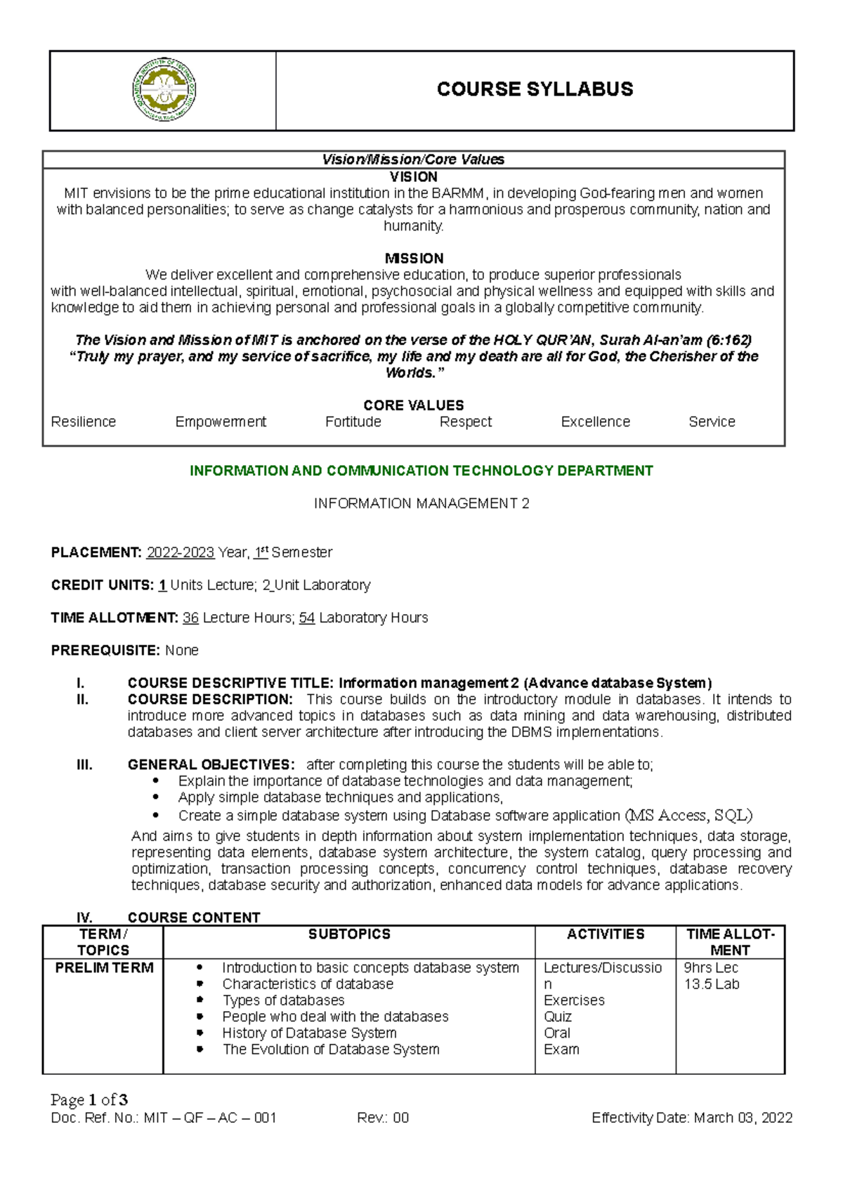 Health Information Management Course Syllabus