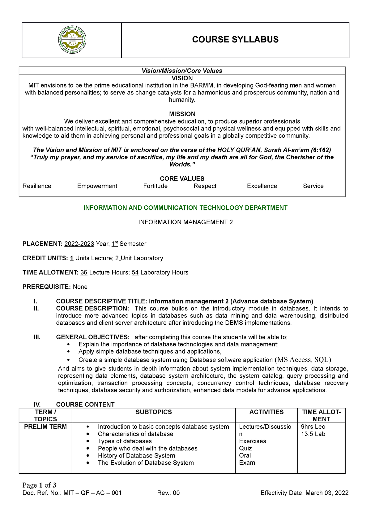 Information Management 2 Course Syllabus COURSE SYLLABUS Vision 