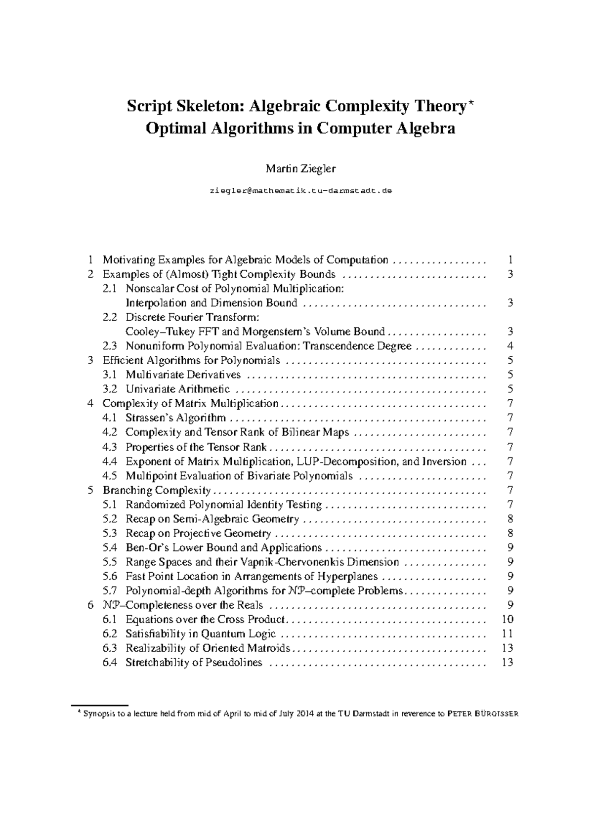 Script mathe Script Skeleton Algebraic Complexity Theory ⋆ Optimal