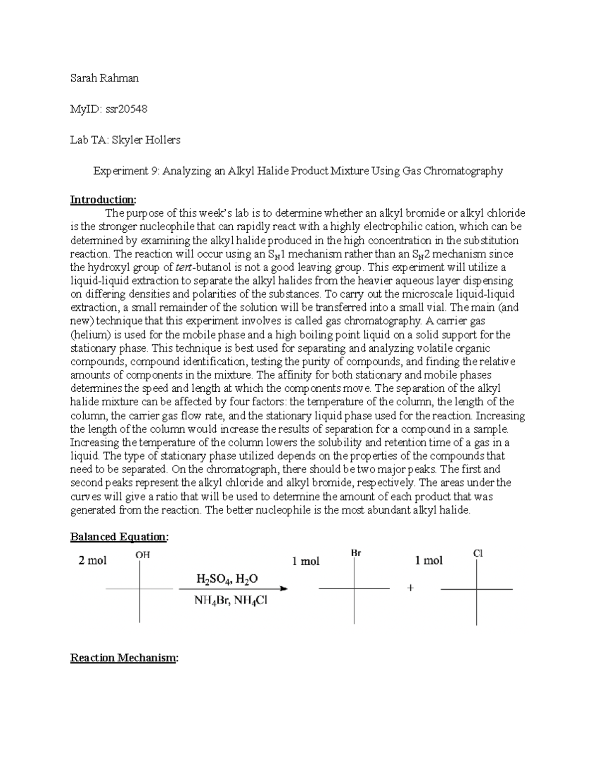 Gas chromatography lab report CHEM 2211L UGA Studocu