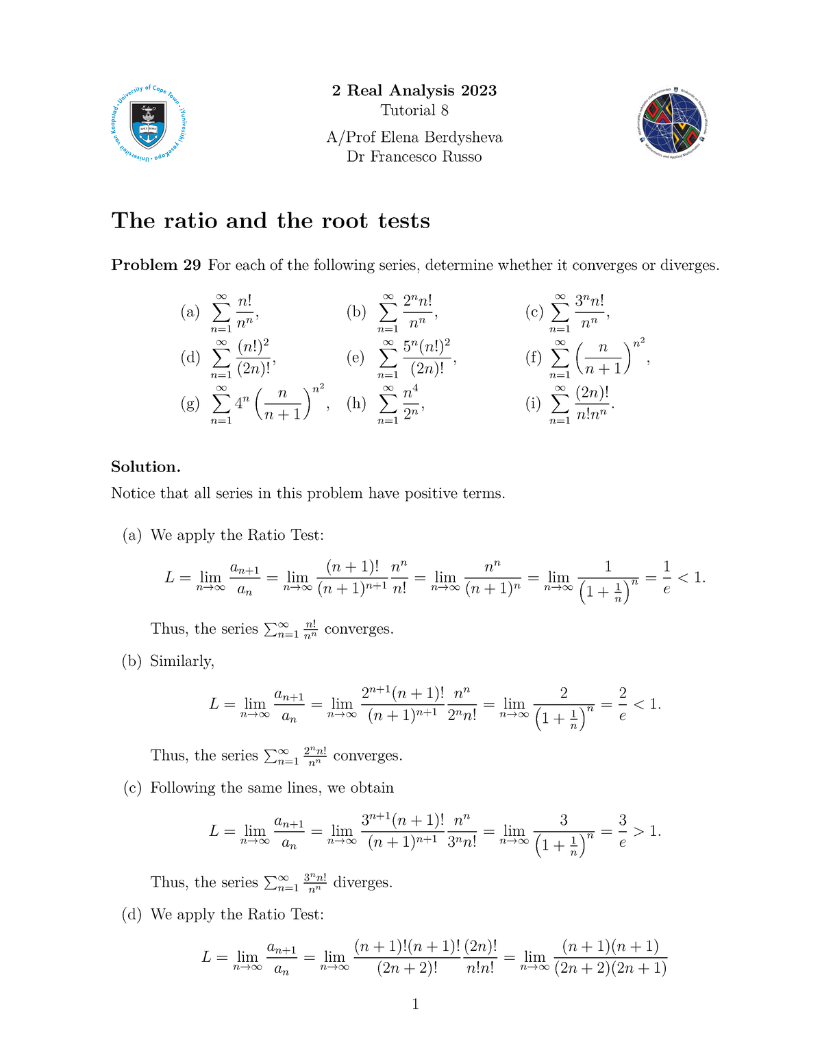 Real Analysis Tut8 Solution - 2 Real Analysis 2023 Tutorial 8 A/Prof ...