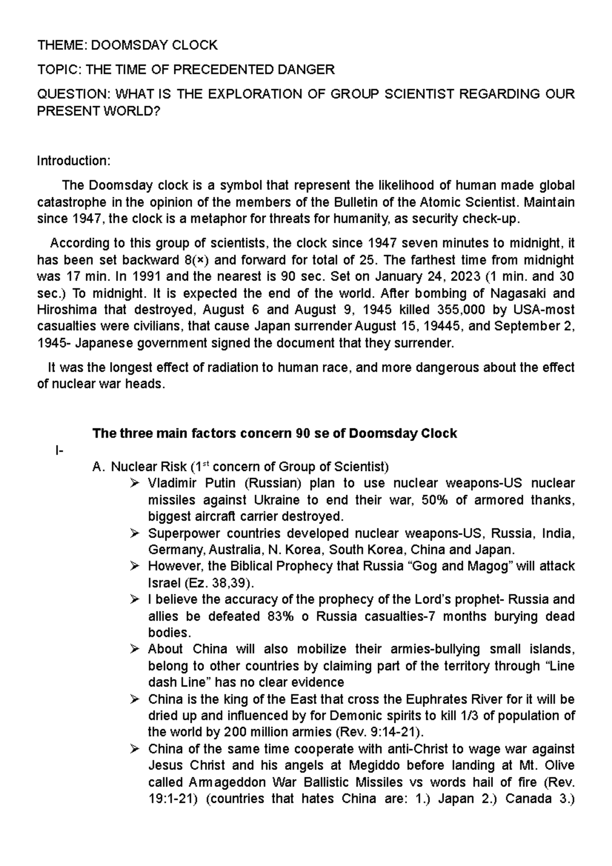 Doomsday CLOC - THEME: DOOMSDAY CLOCK TOPIC: THE TIME OF PRECEDENTED ...