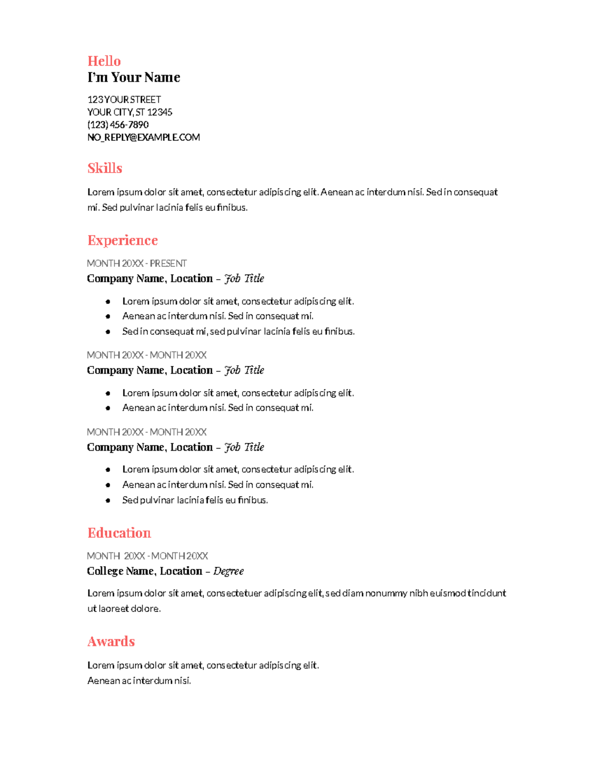 Resume - Hello I’m Your Name 123 YOUR STREET YOUR CITY, ST 12345 (123 ...