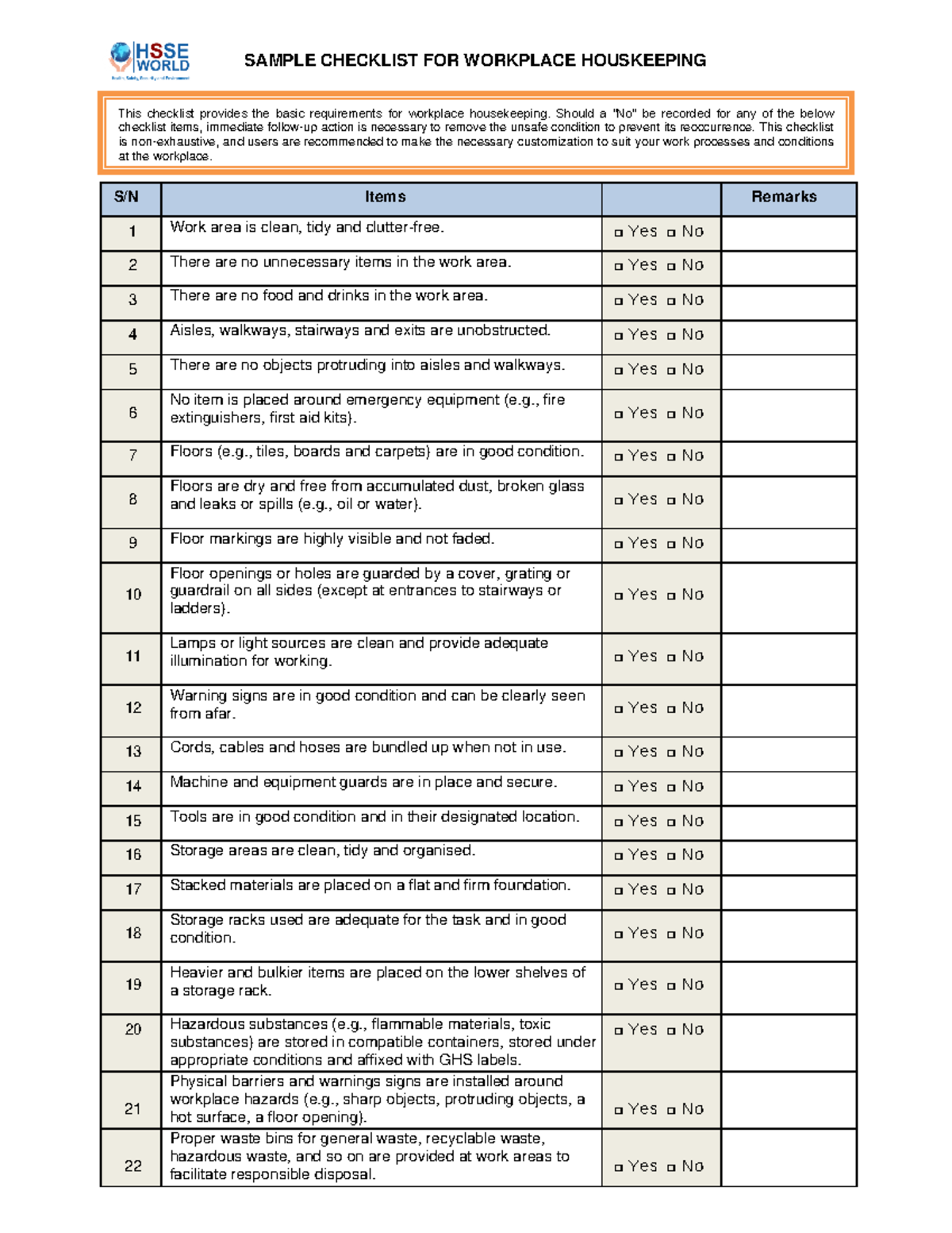 Workplace Housekeeping Checklist This checklist provides the basic