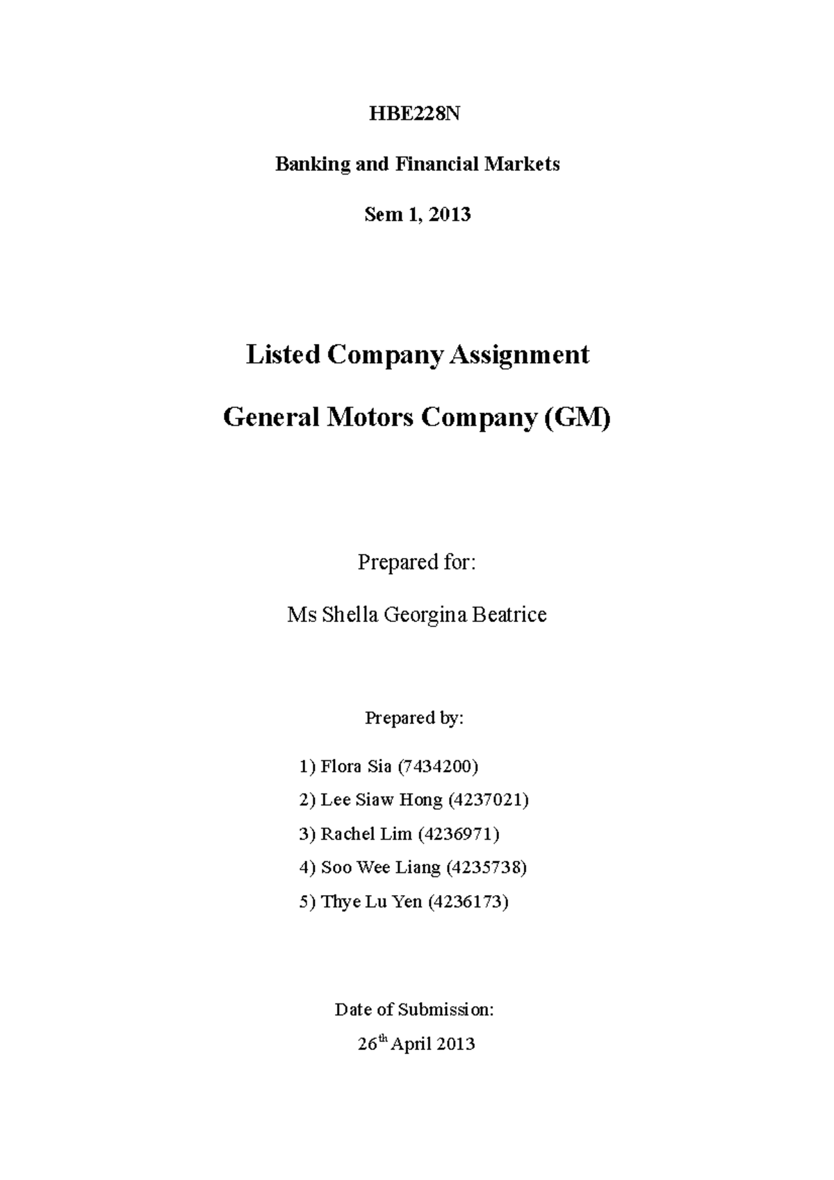 Seminar assignments Listed Company Assignment, General Motors Company