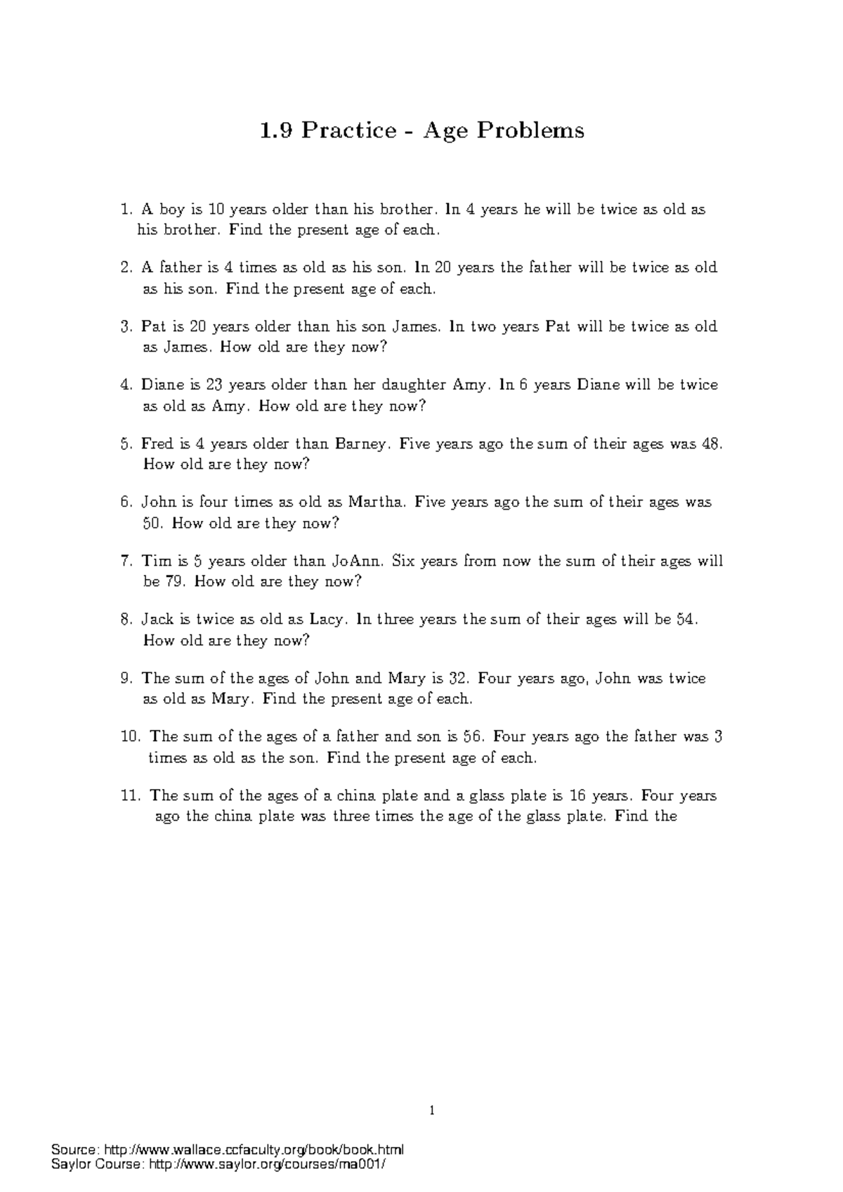 Age Practice - 1 Practice - Age Problems A boy is 10 years older than ...
