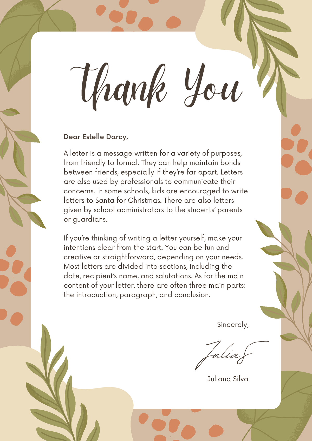Beige Natural Leaves Thank You Letter - A letter is a message written ...