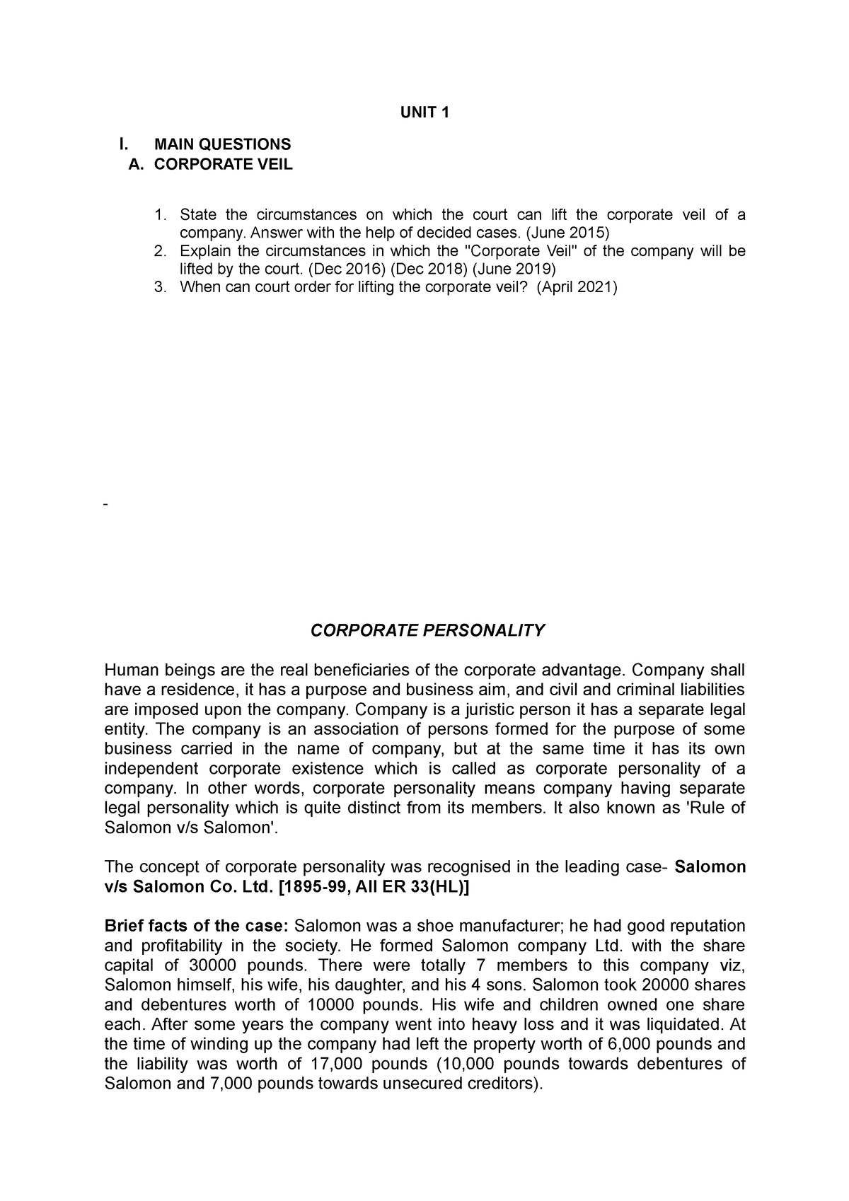 Company Law Unit 1 And 2 Questions Answers - UNIT 1 I. MAIN QUESTIONS A ...