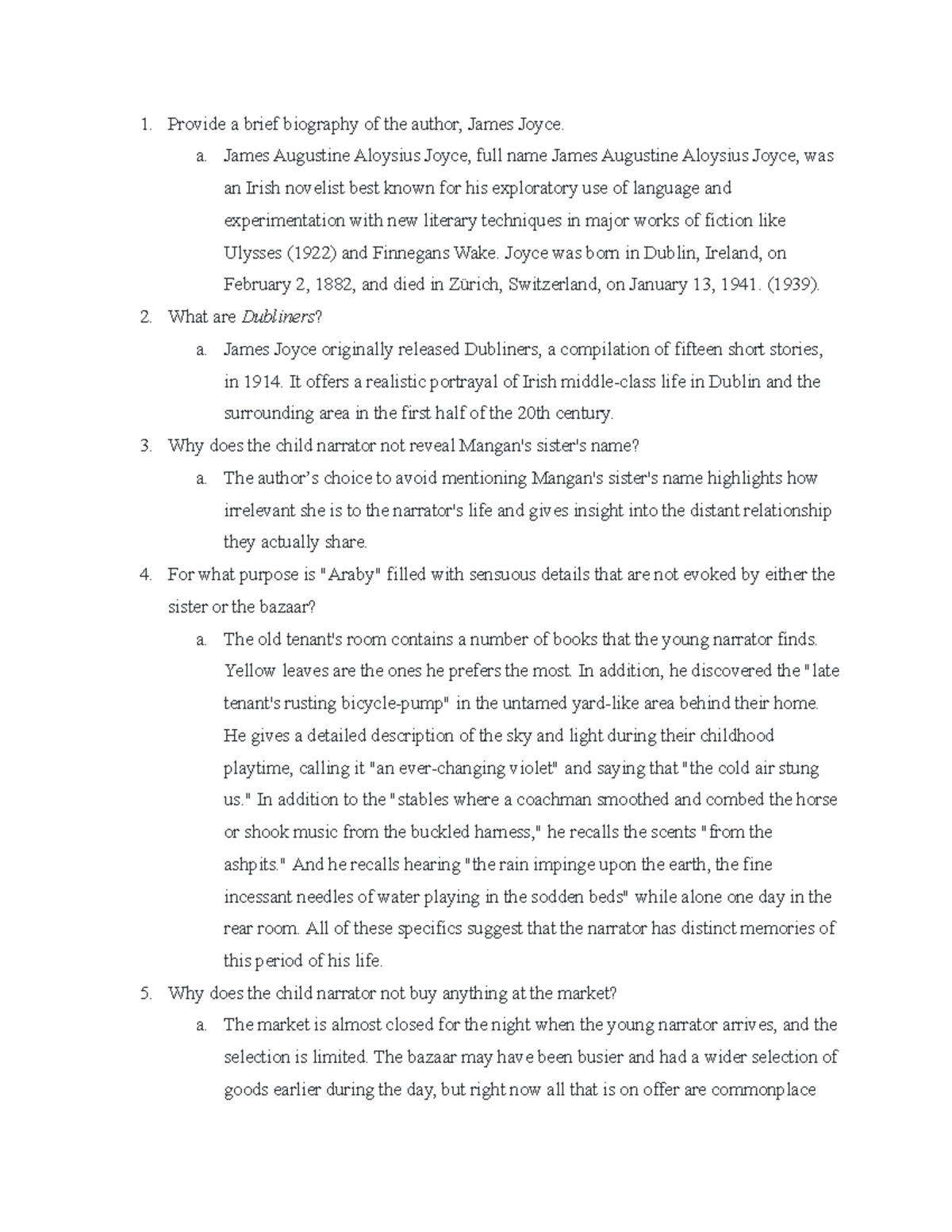 In-Class Assignment Araby from Dubliners - Provide a brief biography of ...