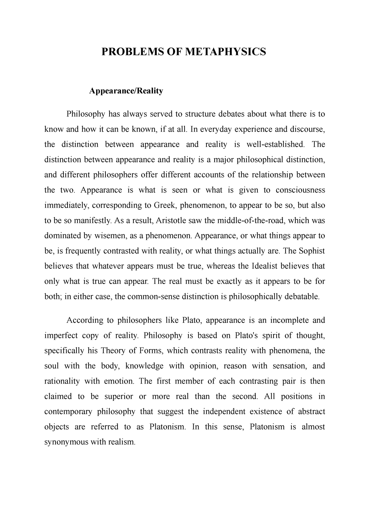 term paper on metaphysics and reality pdf