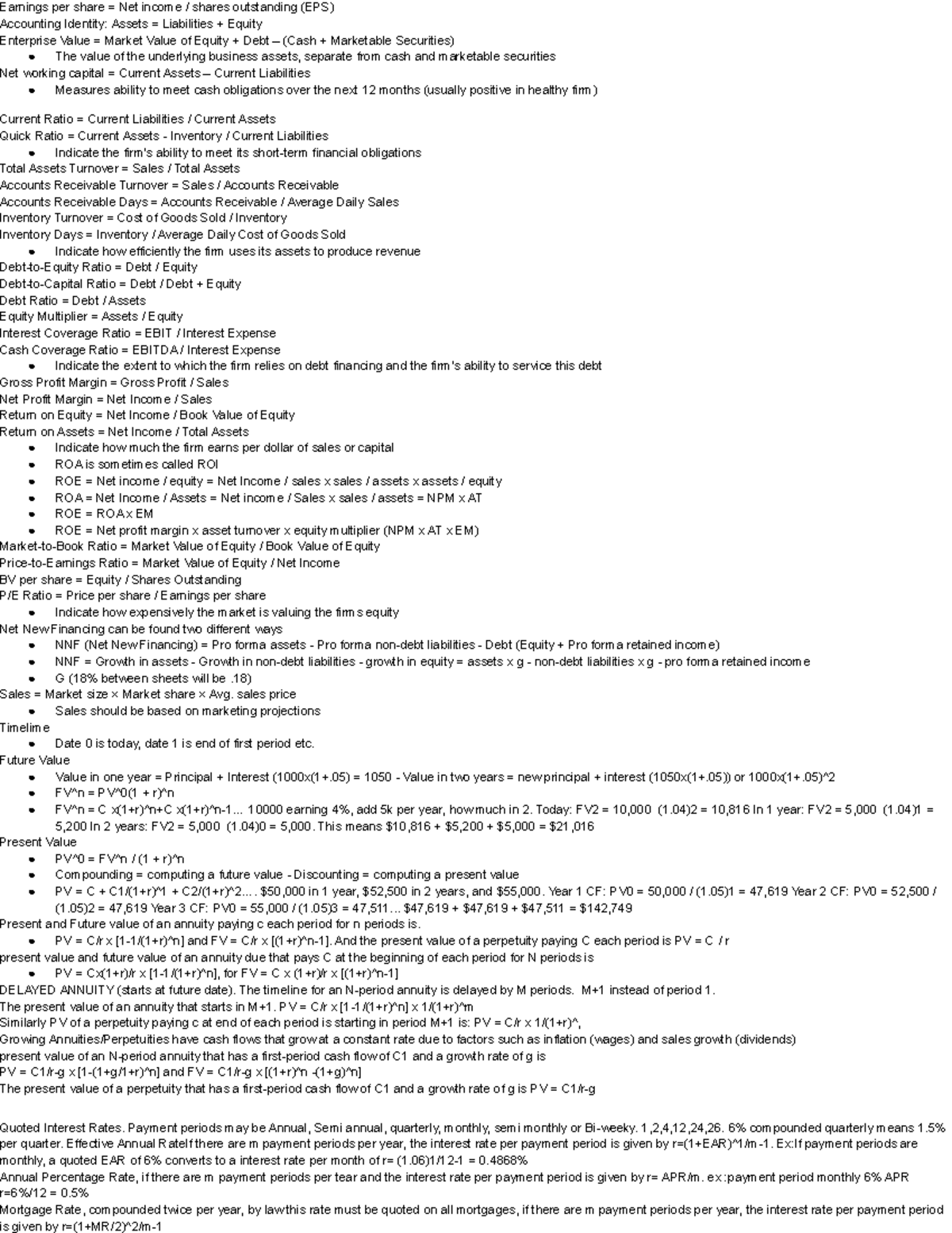 FIN Cheat Sheet - For FIN300 Midterm - Earnings Per Share = Net Income ...