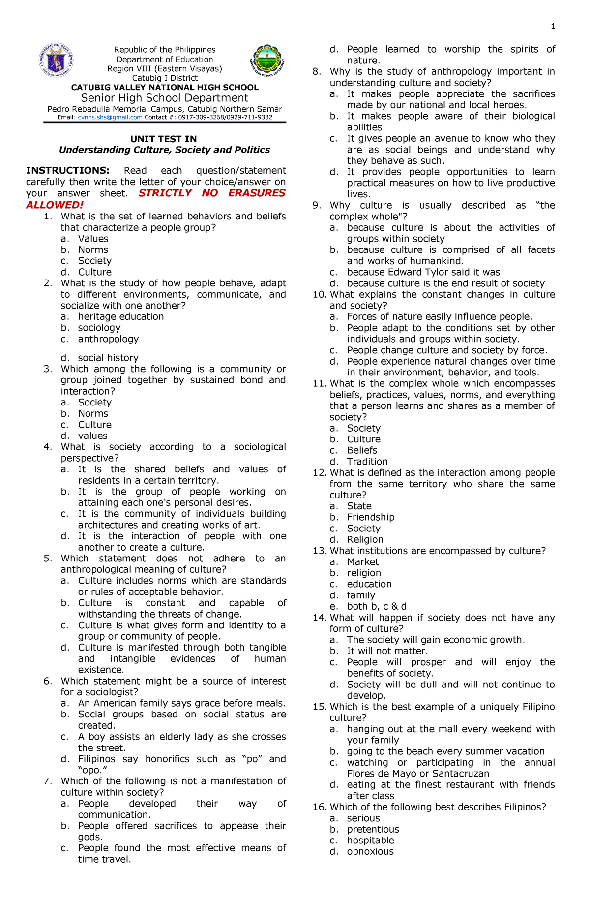 Nd Quarter Ucsp Summative Test Republic Of The Philip 6604