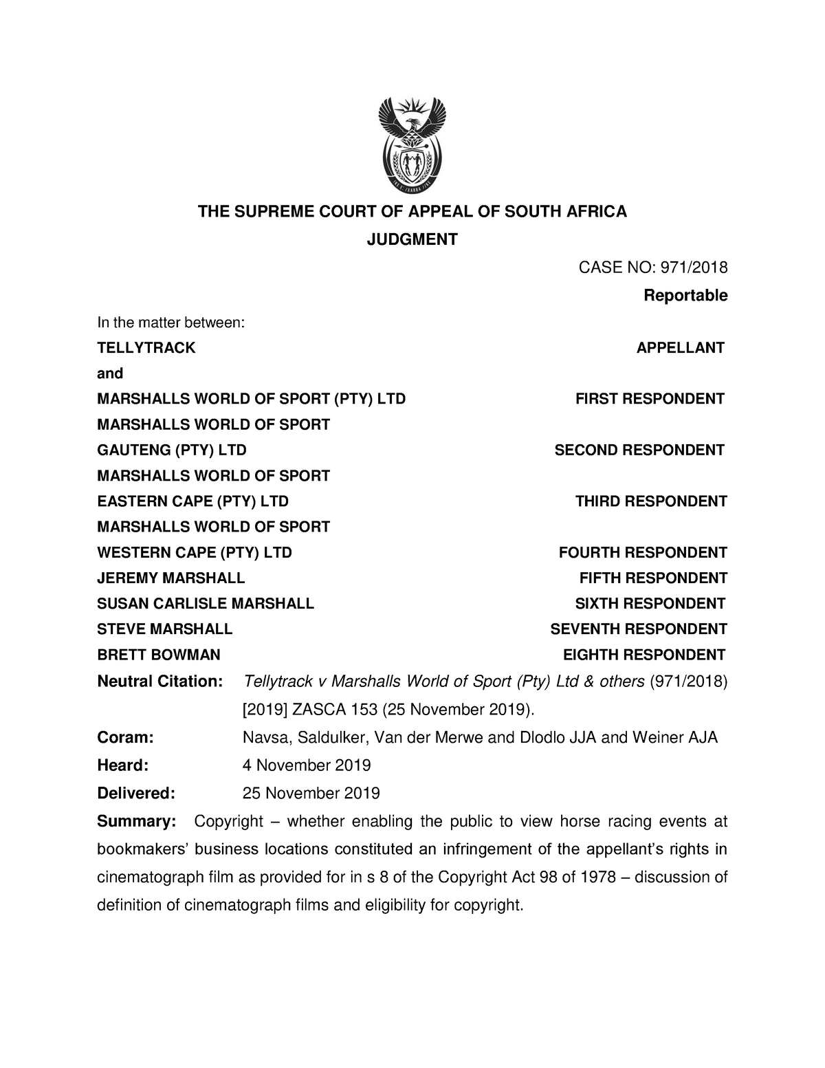 5. Tellytrack v Marshalls World OF Sport (PTY) LTD AND Others 2020 (2 ...