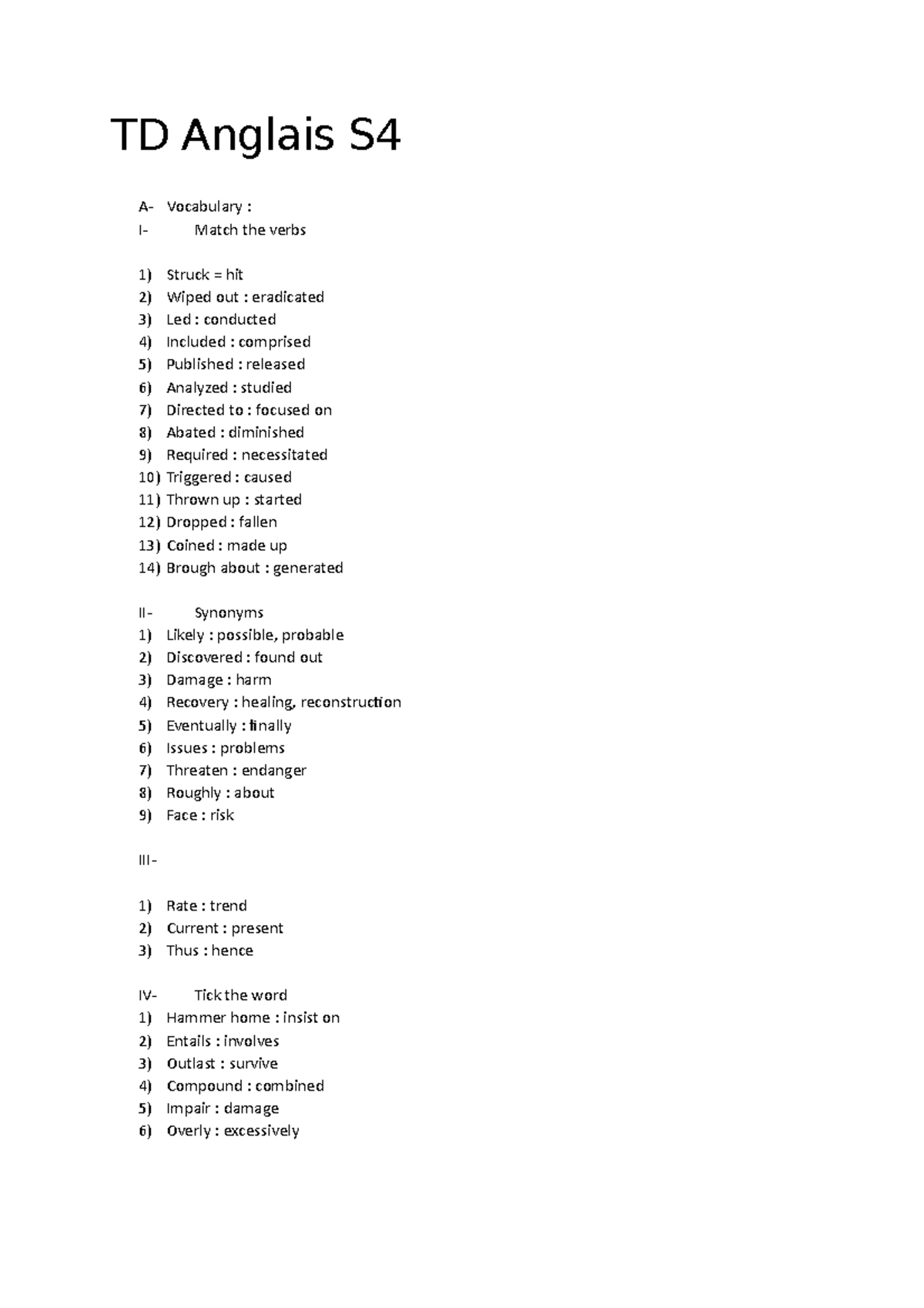 TD Anglais S4 TD Anglais S A Vocabulary I Match the verbs Struck = hit Wiped out