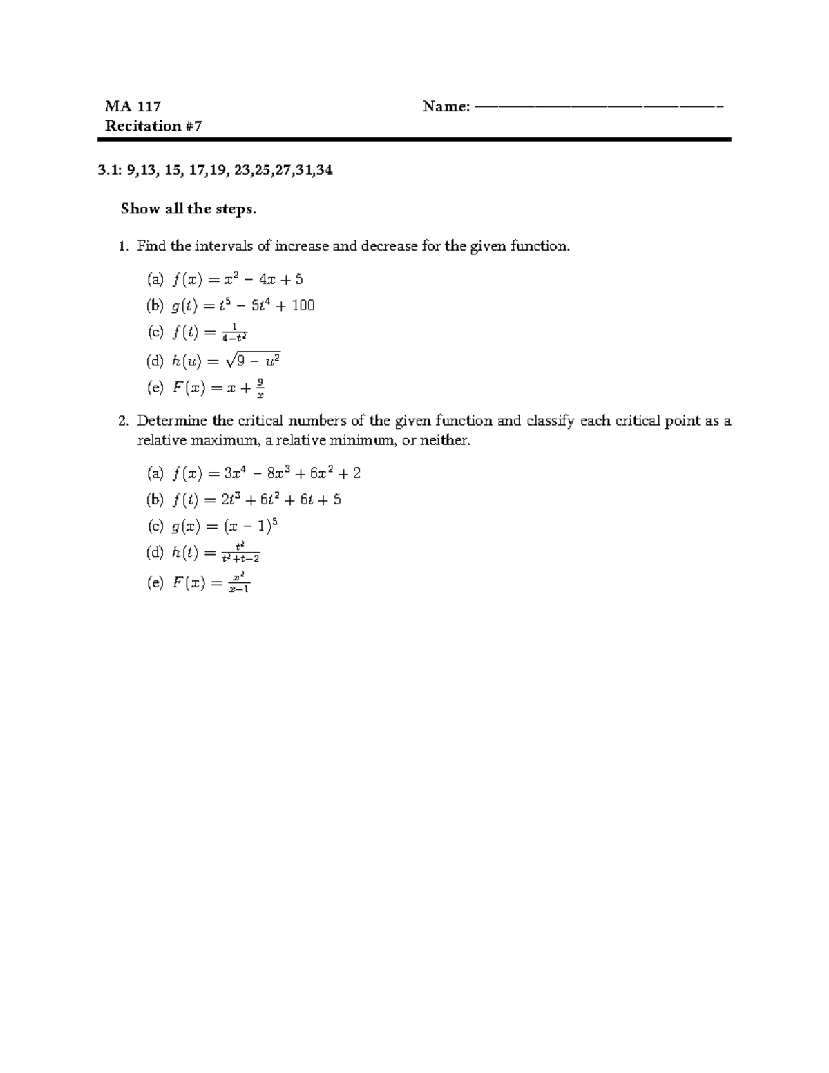 Recitation 7 - Answers and Explanations - MA 117 Name ...