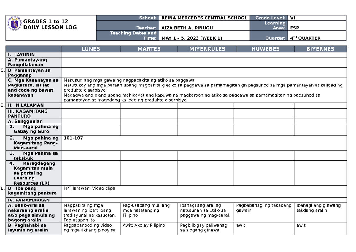 DLL ESP 6 Q4 W1 - DLL ESP 6 Q4 W1 - GRADES 1 To 12 DAILY LESSON LOG ...