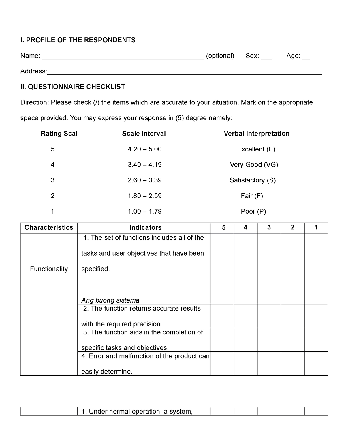 Questionnare - I. PROFILE OF THE RESPONDENTS Name