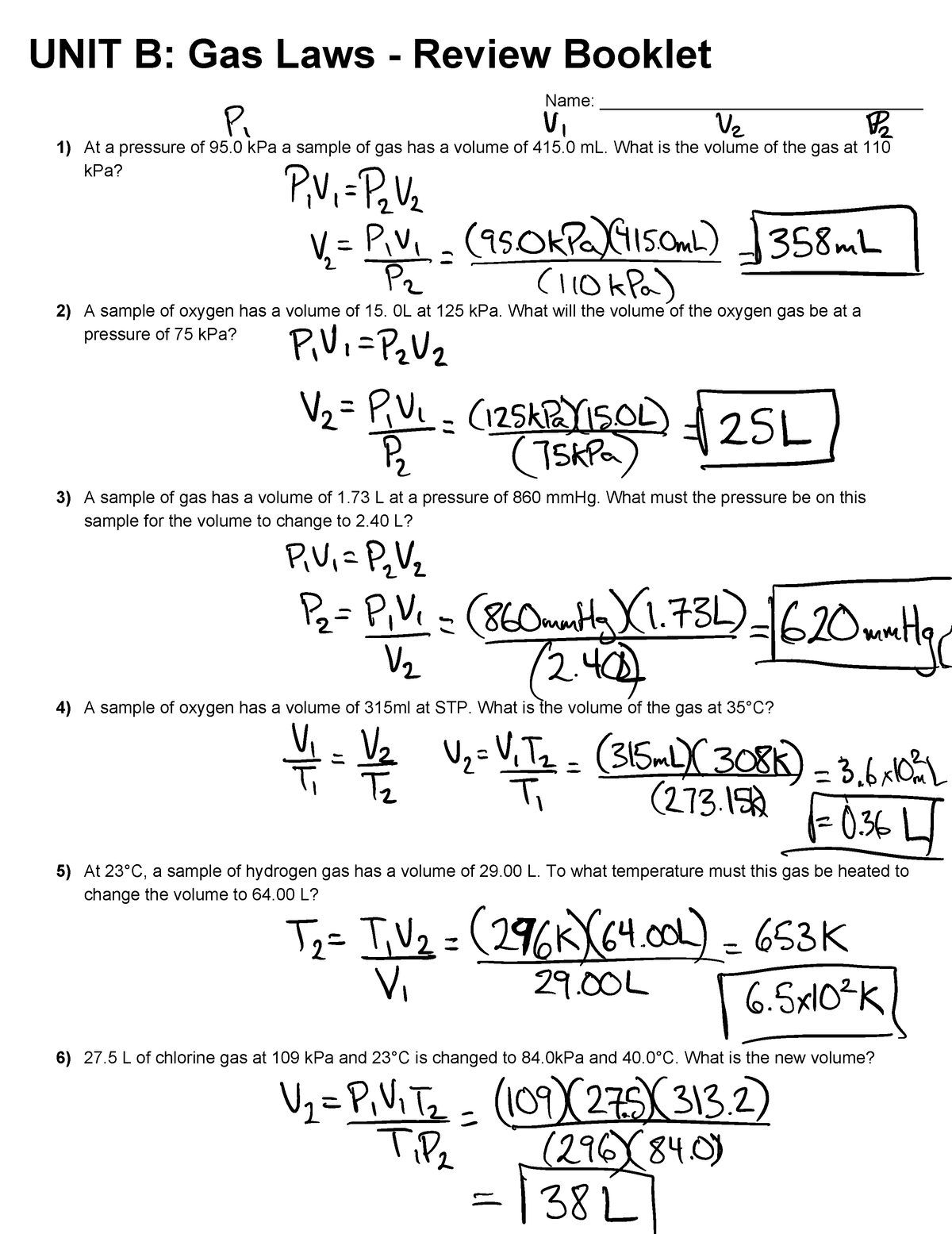 Gas Laws Review Booklet Answers - UNIT B: Gas Laws - Review Booklet ...