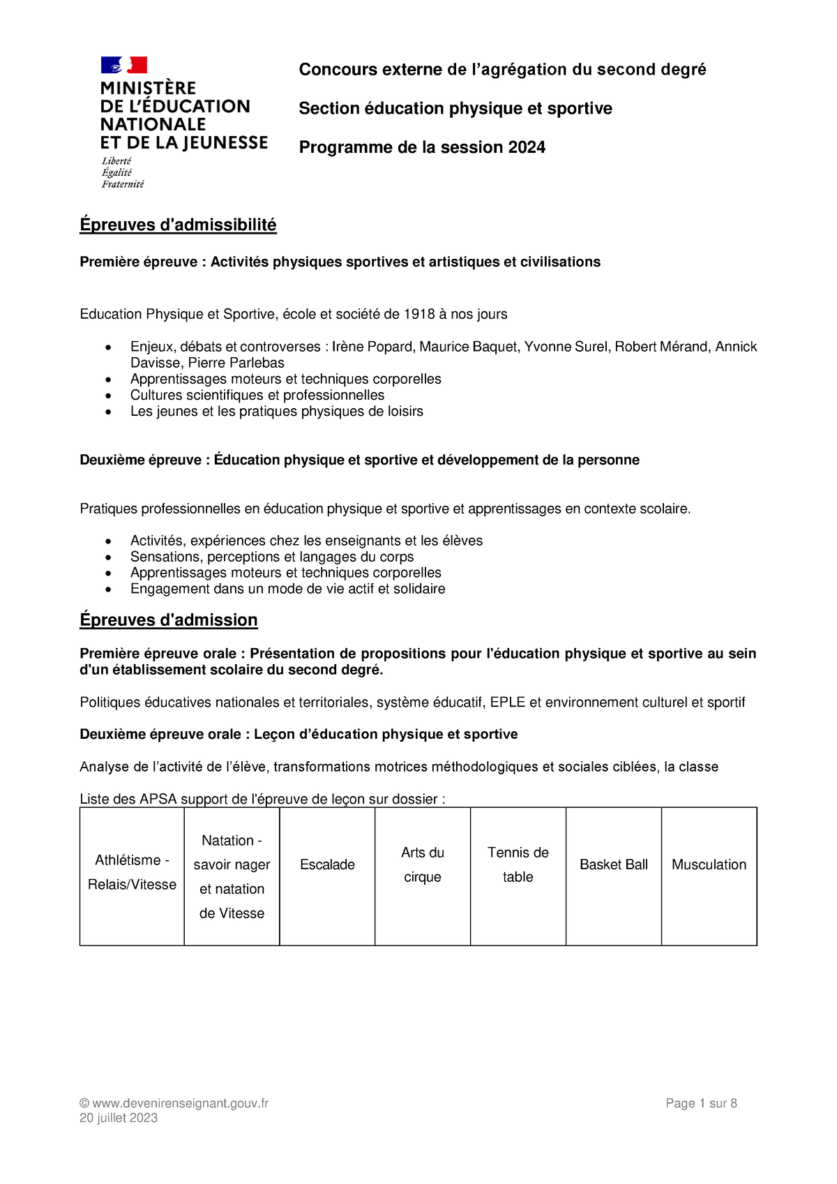 Agr Gation Externe Section Ducation Physique Et Sportive Programme Et ...