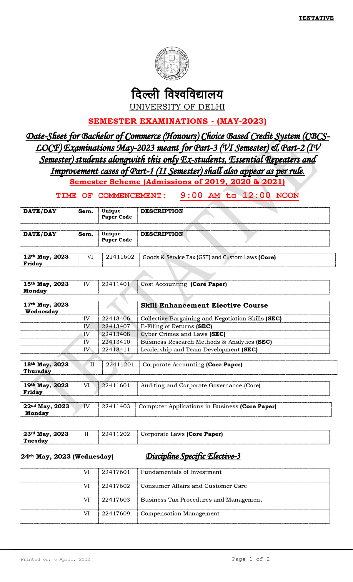 BCOM (Hons) -2023-Sem - Bcom Hona Syllabus - Printed On: 6 April, 2022 ...