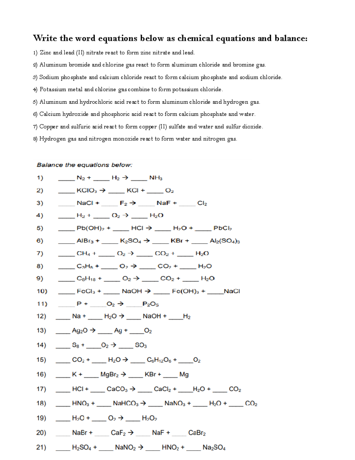 Worksheet balancing - Write the word equations below as chemical ...