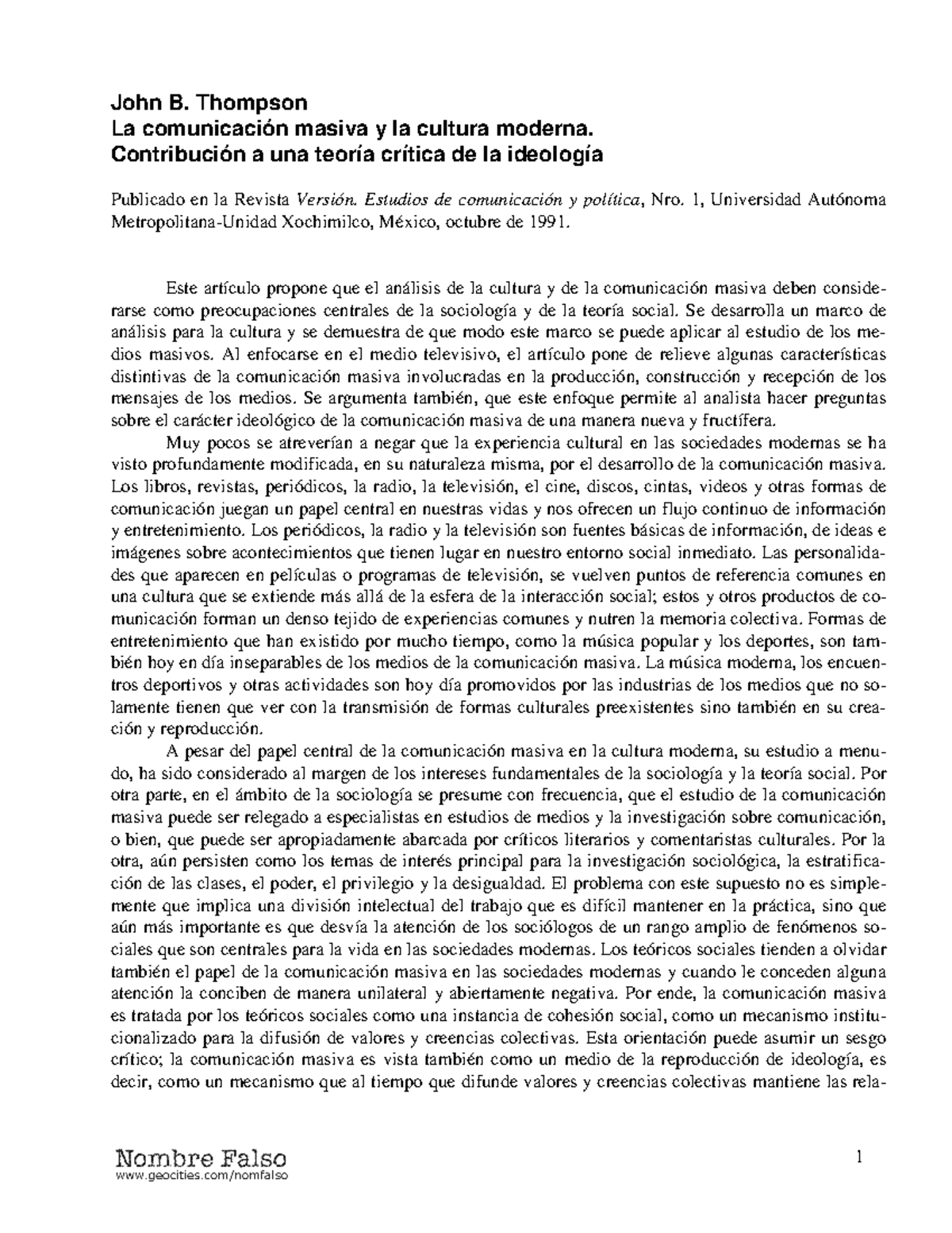 Comunicacion Masiva Y Teoria Cultural. JOHN B. Thompson - John B ...