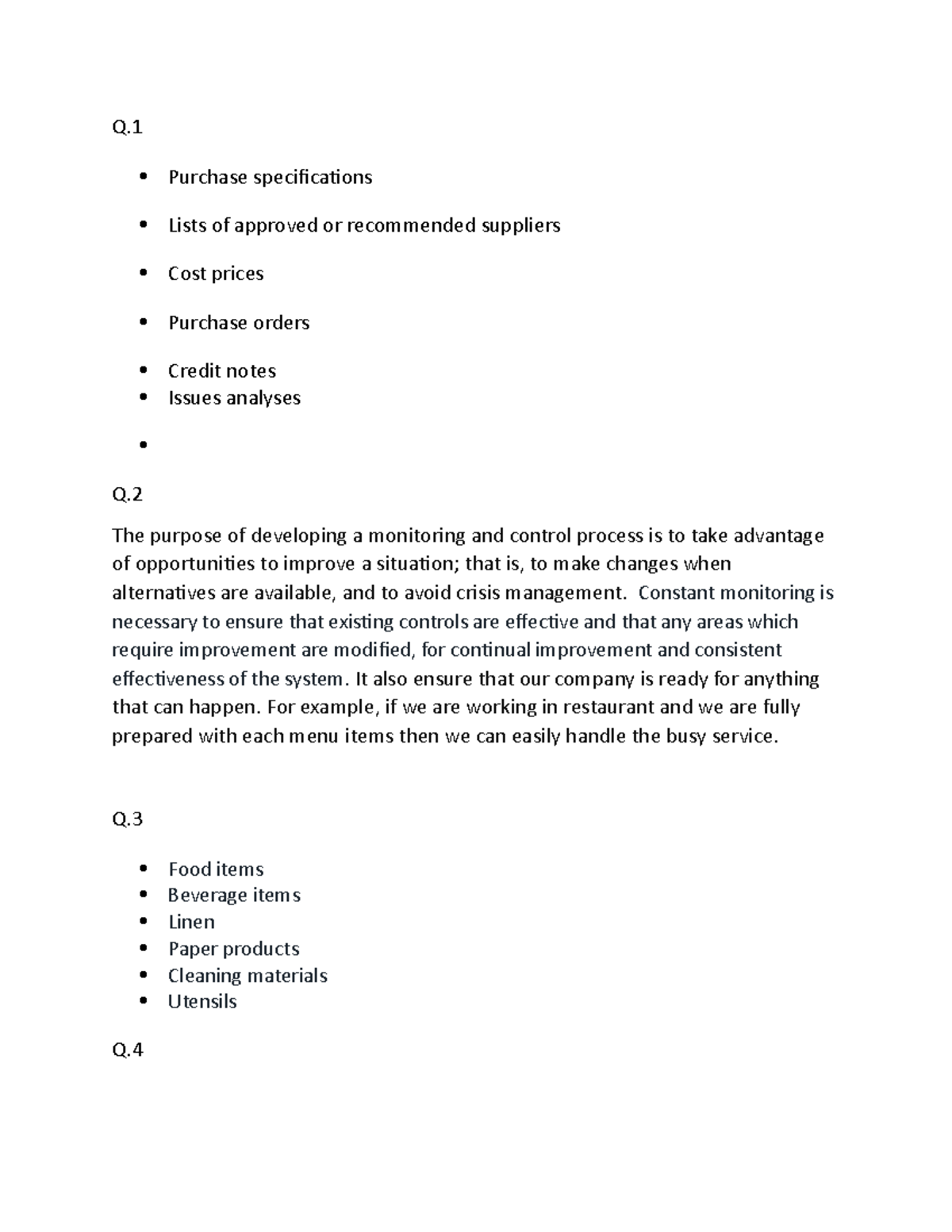 Stock control assessment 1 - Q. Purchase specifications Lists of ...