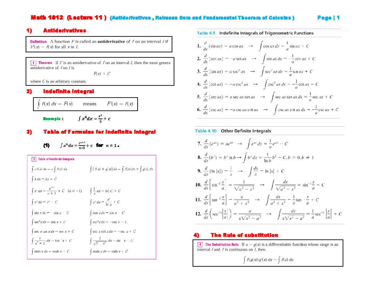 Math 1012 Lecturel 11 Antiderivatives Reimann Sum And Fundemaental Theorem Of Caculus Math 1012 Lecture 11 Antiderivatives Reimann Sum And Fundamental Studocu