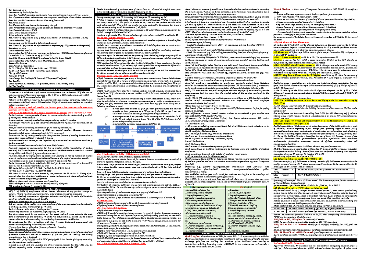 Tax Cheatsheet - Tax Computation Net Accounting Profit Before Tax Less ...