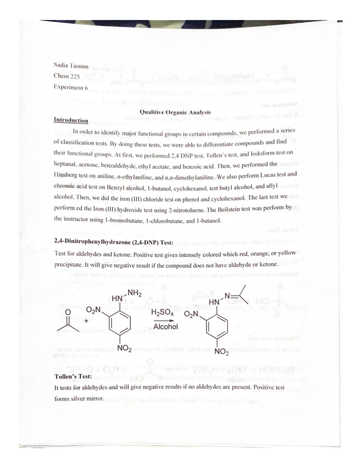 Lab Report Organic Chemistry Experiment 6 CHEM 224.RC Hunter
