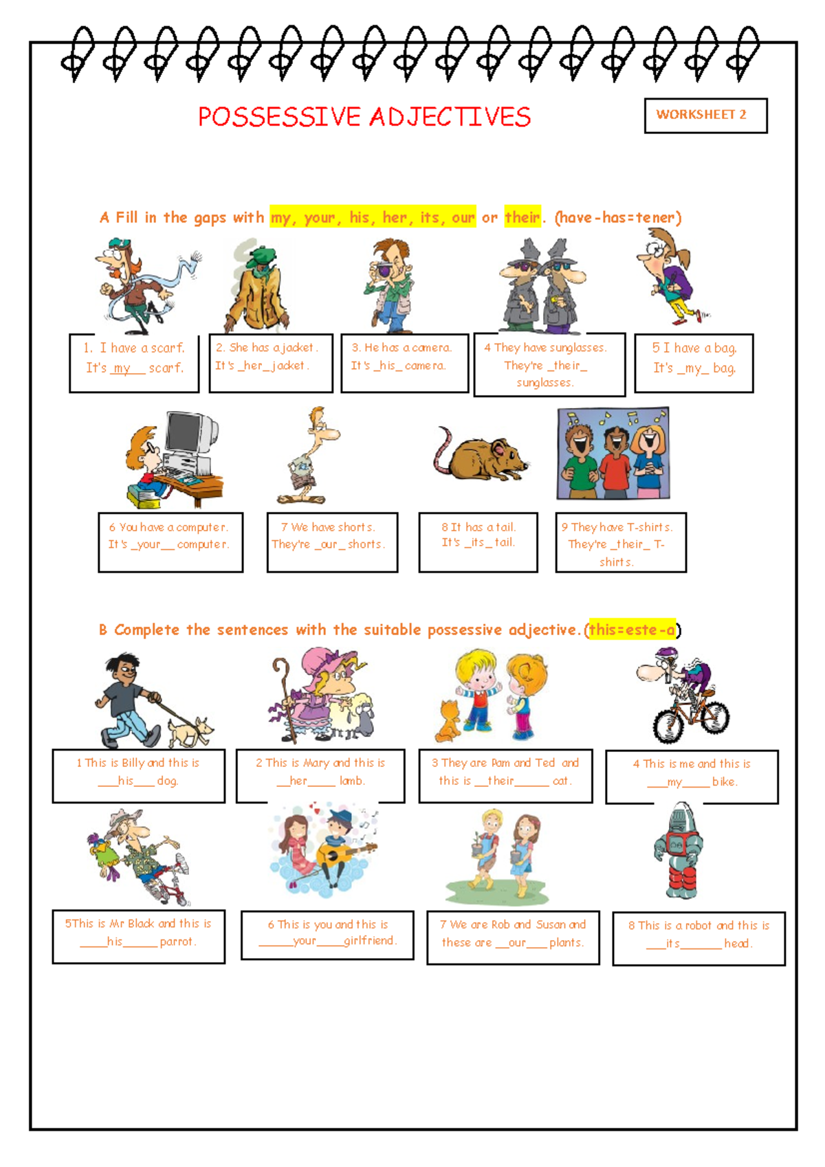 Worksheet 2 - A possessive-adjectives - POSSESSIVE ADJECTIVES A Fill in ...