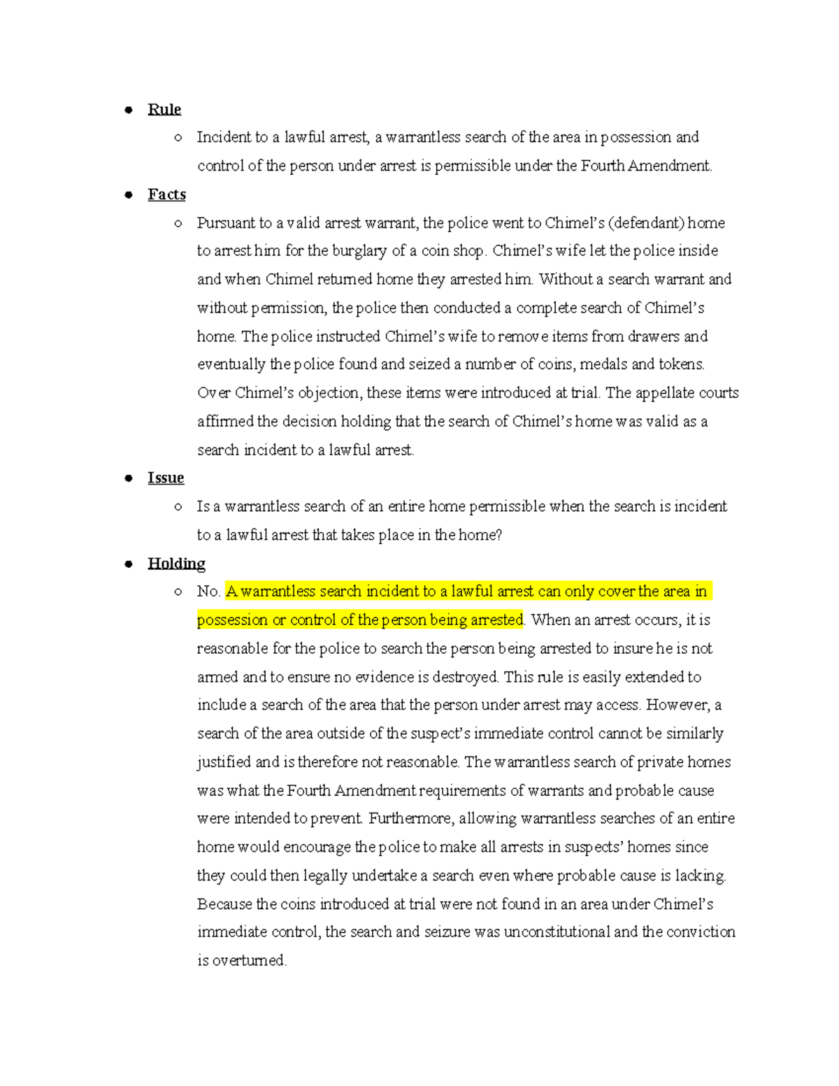 Crim Pro 2022- Chimel V. California - Rule Incident To A Lawful Arrest ...