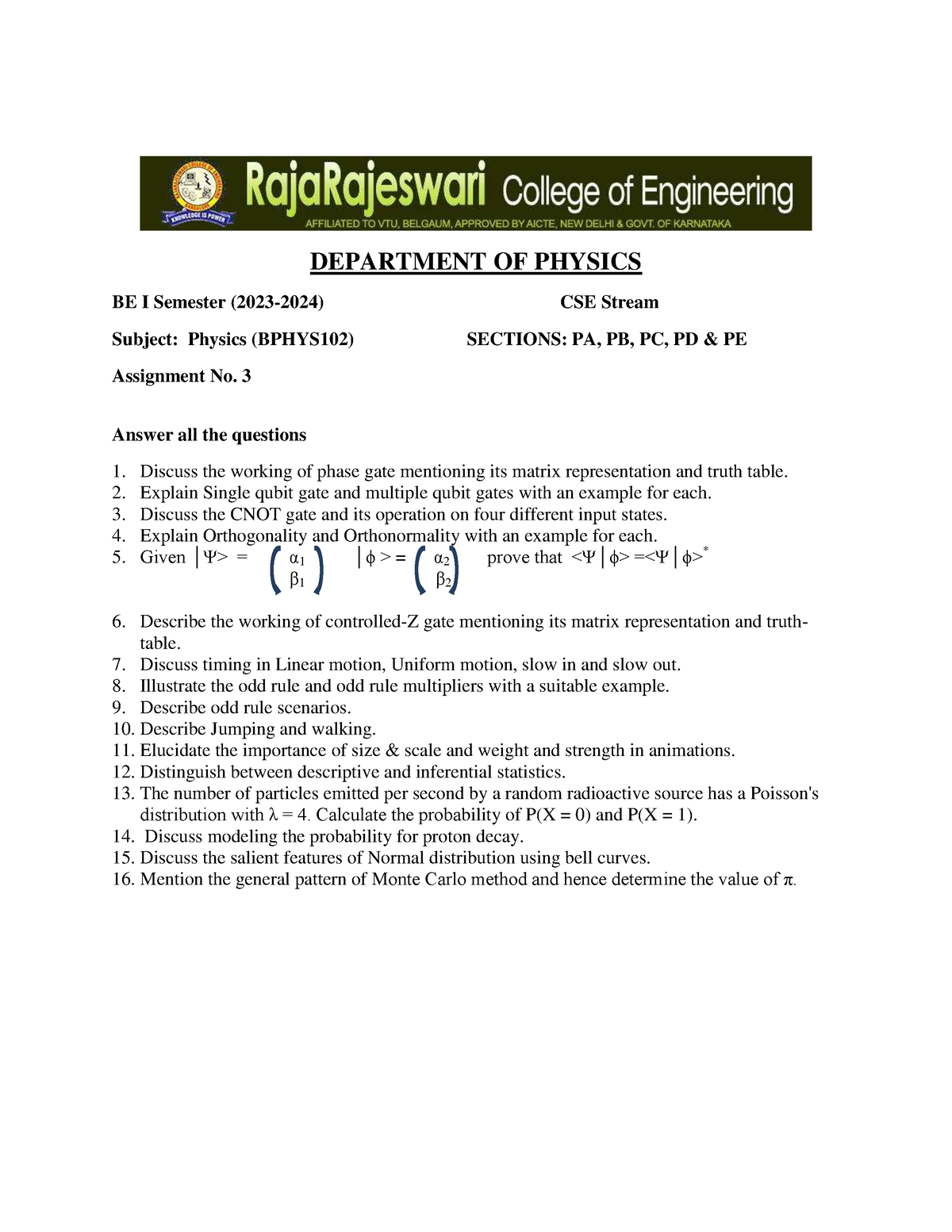 Assignment 3 CSE Stream - DEPARTMENT OF PHYSICS BE I Semester (2023 ...