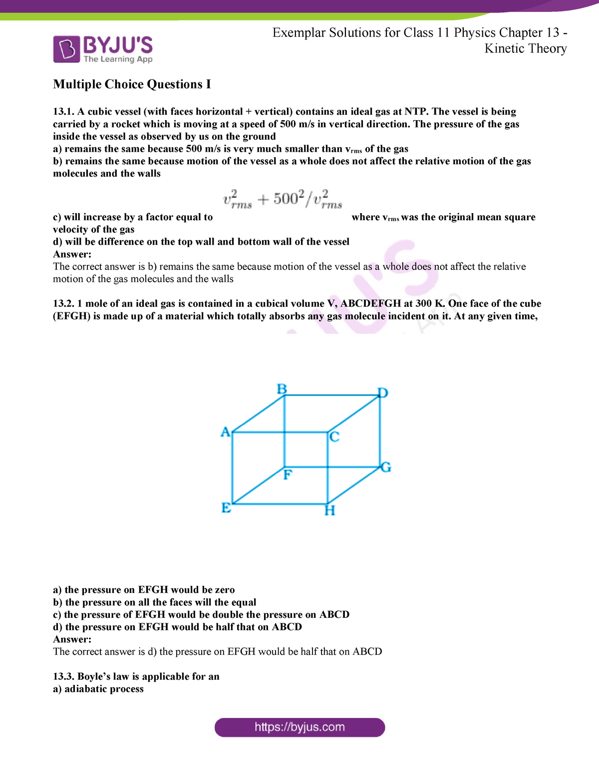 Ncert exemplar for class 11 phy chapter 13 - Kinetic Theory Multiple ...